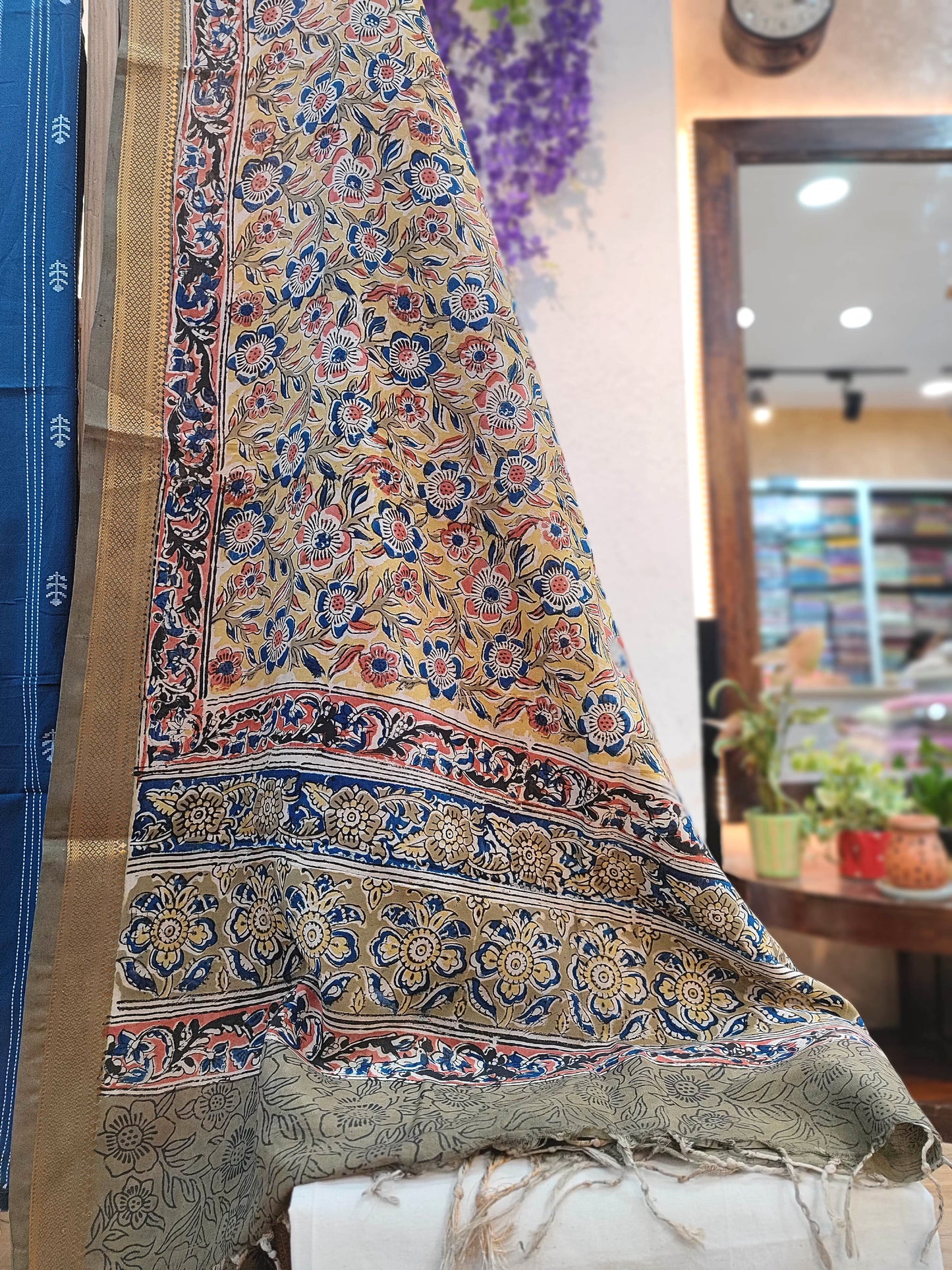 Indigo Blue Handloom Cotton Suit with Beige Kalamkari Dupatta & Off-White Bottom