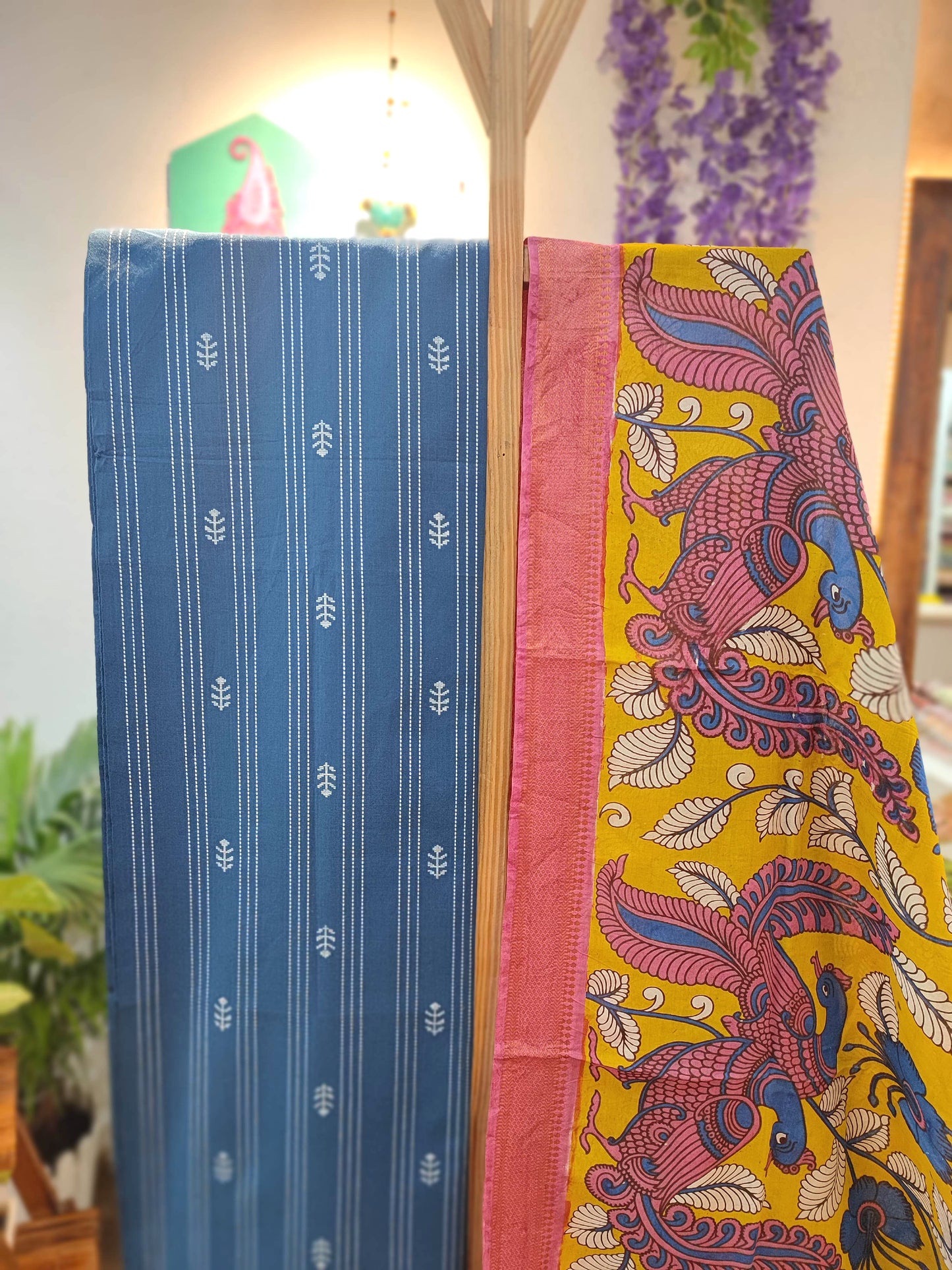 Indigo Blue Handloom Cotton Suit with Mustard Kalamkari Dupatta & Yellow Pant