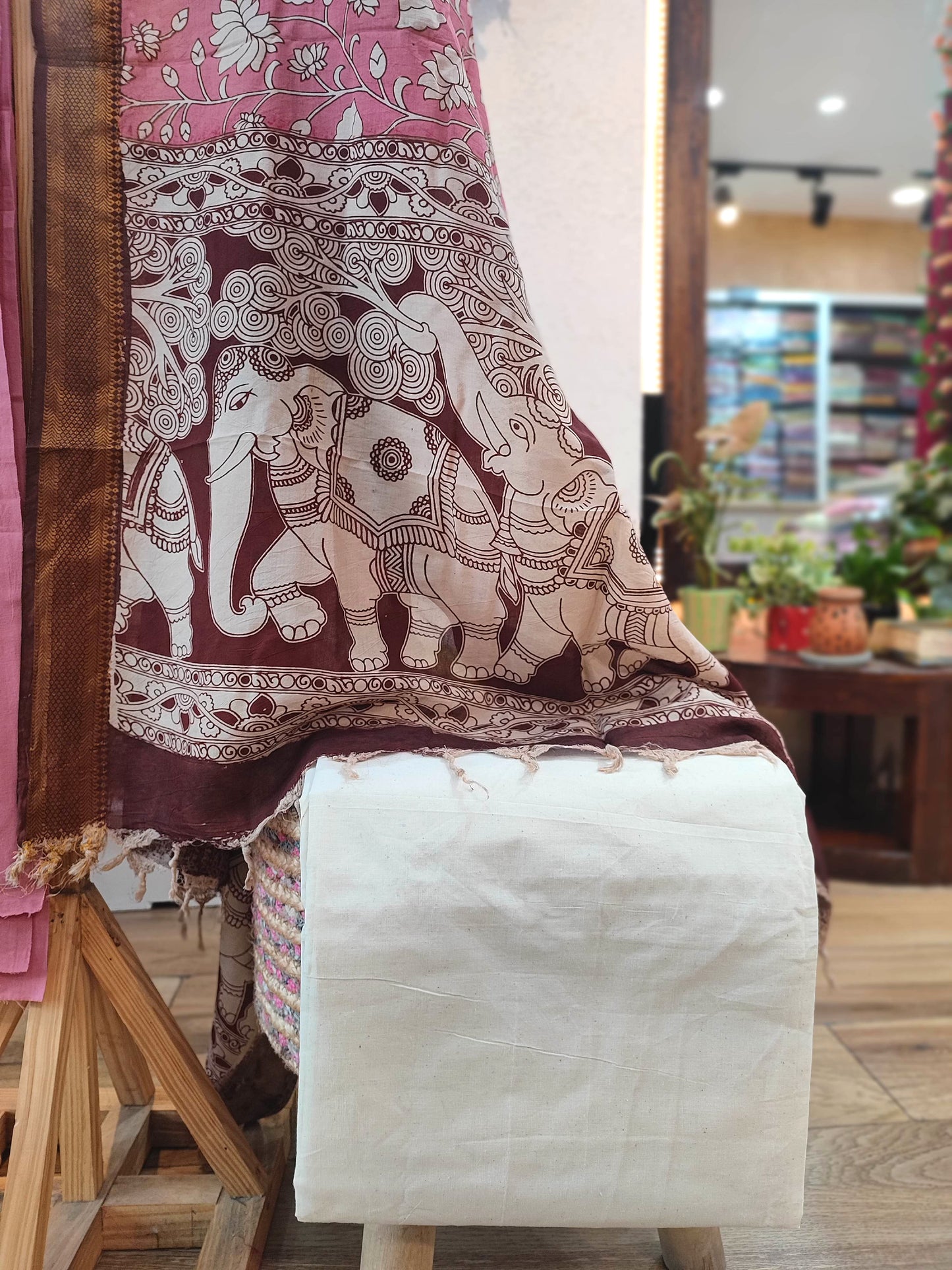 Pink Handloom Cotton Suit with Kalamkari Elephant Motif Dupatta & Off-White Pant