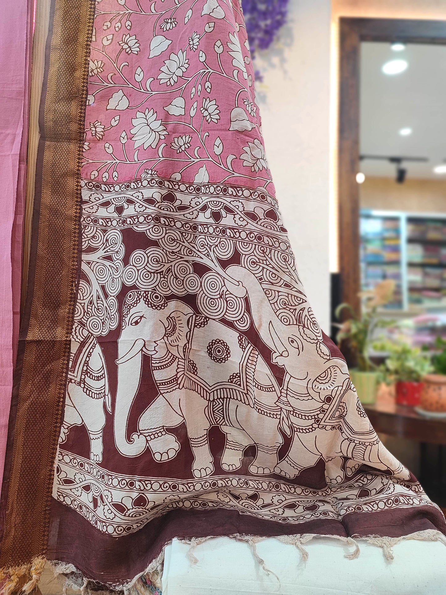 Pink Handloom Cotton Suit with Kalamkari Elephant Motif Dupatta & Off-White Pant