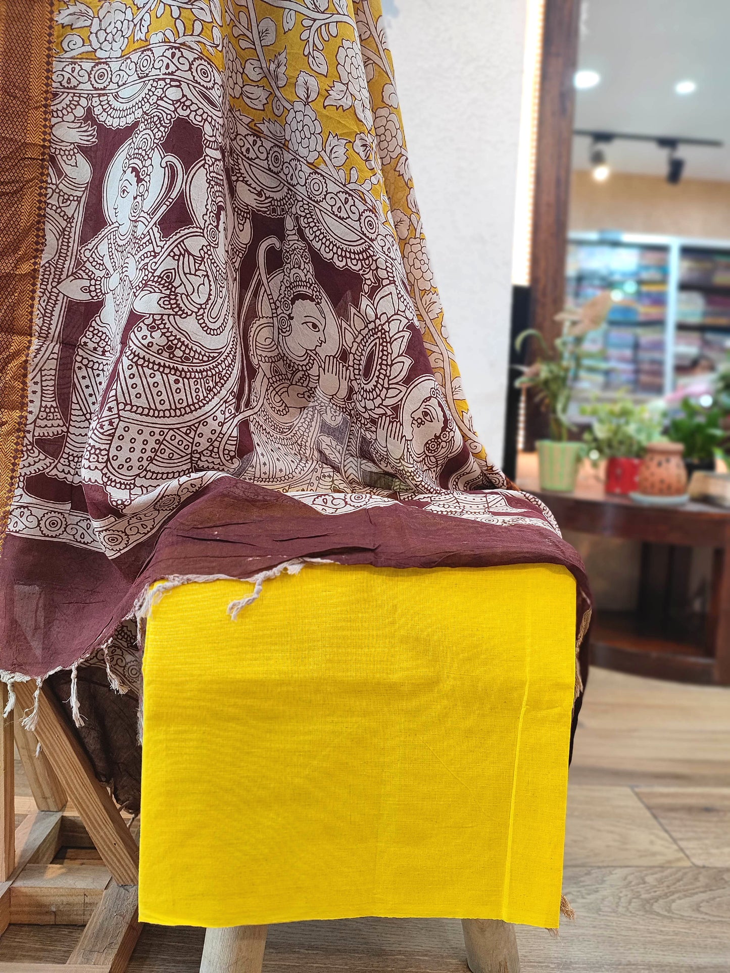 Maroon Handloom Cotton Suit with Mustard Kalamkari Dupatta & Yellow Pant