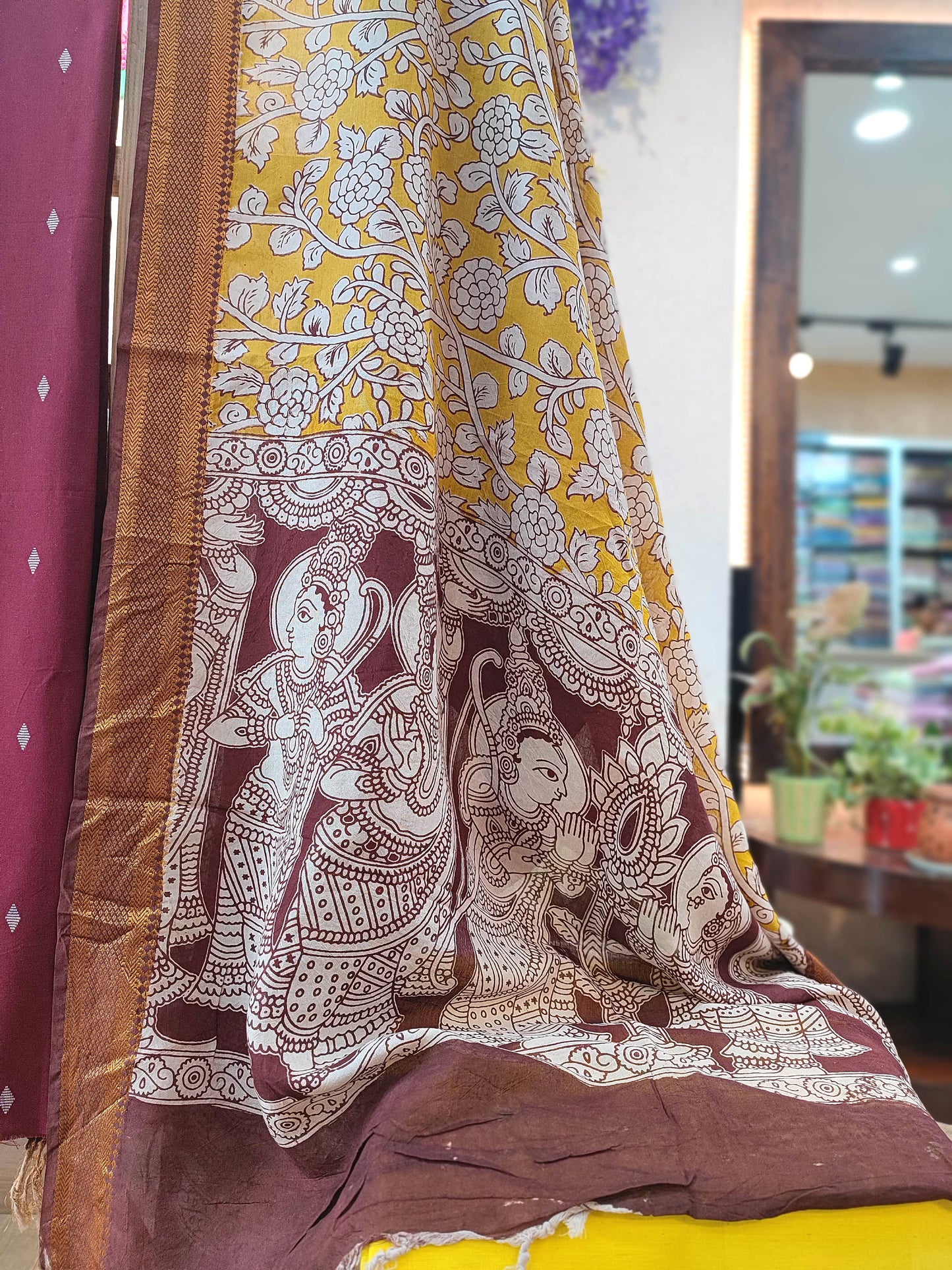 Maroon Handloom Cotton Suit with Mustard Kalamkari Dupatta & Yellow Pant