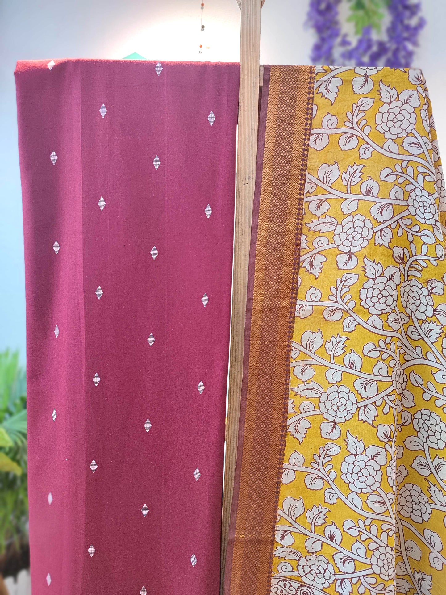 Maroon Handloom Cotton Suit with Mustard Kalamkari Dupatta & Yellow Pant