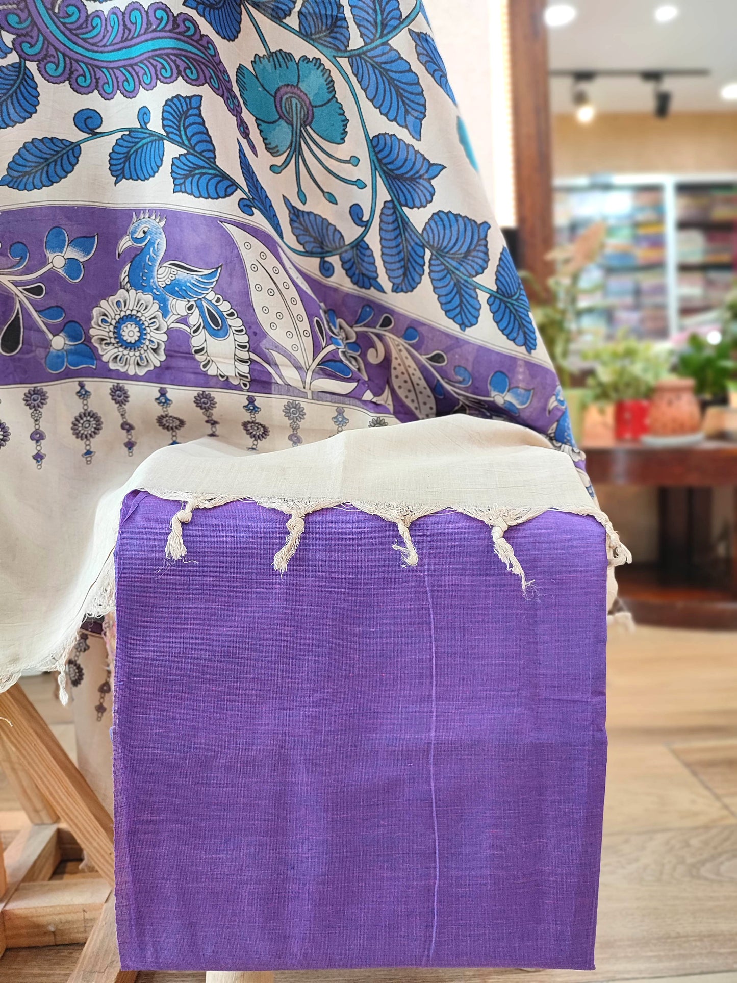 Turquoise Handloom Cotton Suit with Kalamkari Dupatta & Purple Bottom