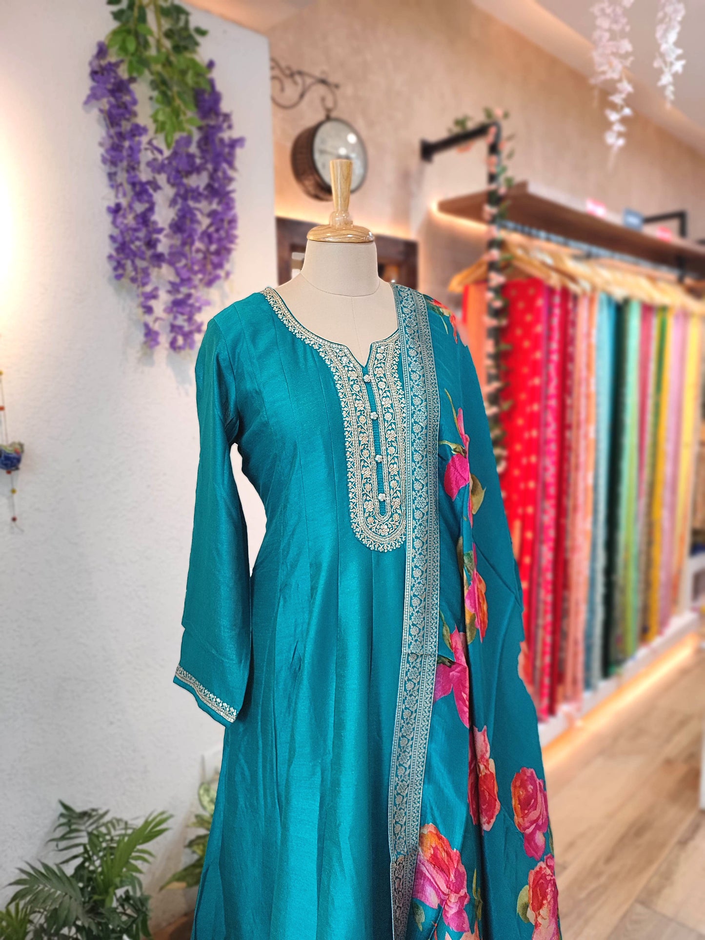 Elegant Teal Crepe Silk Anarkali Suit with Floral Dupatta & Intricate Embroidery