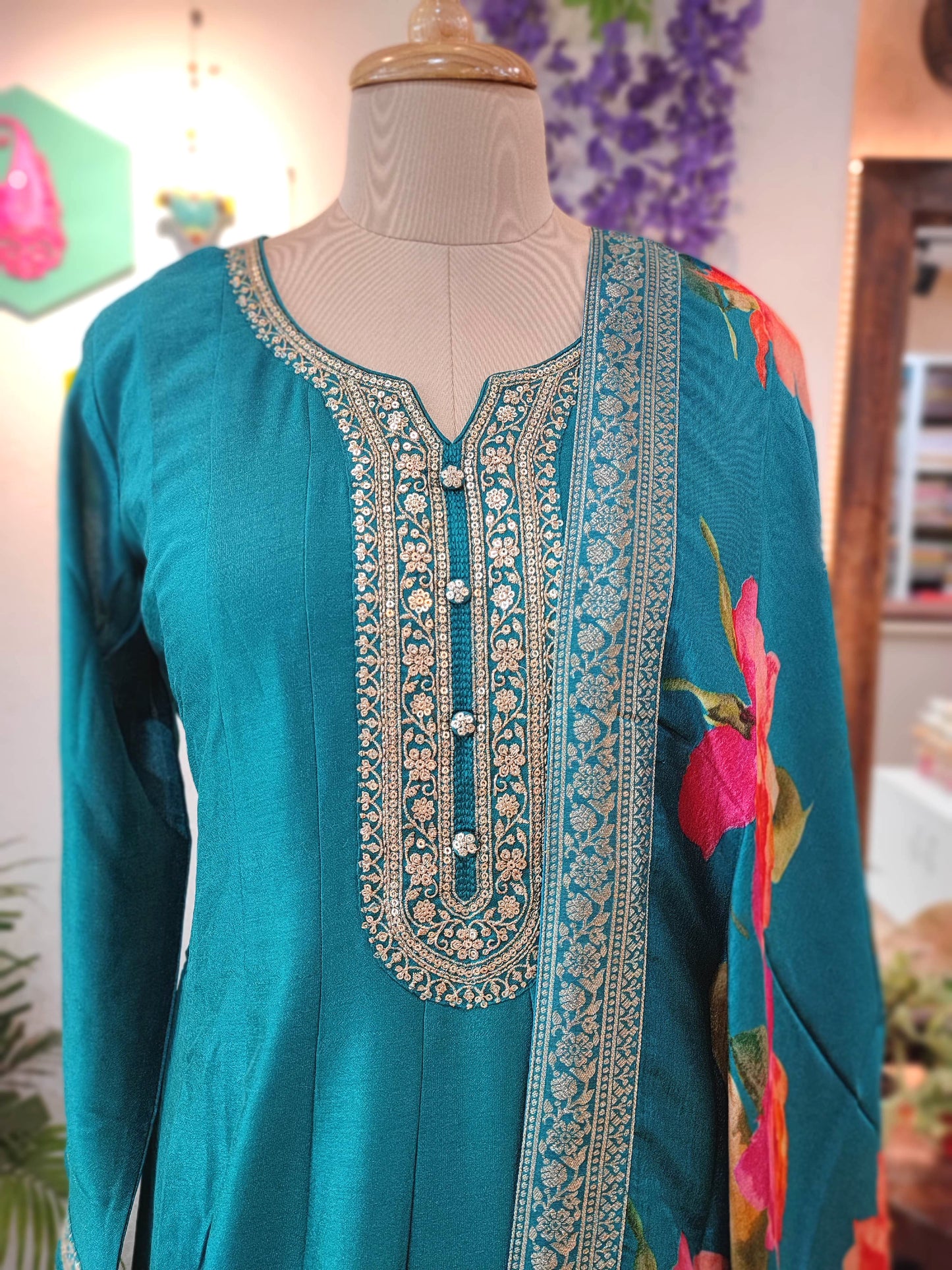 Elegant Teal Crepe Silk Anarkali Suit with Floral Dupatta & Intricate Embroidery