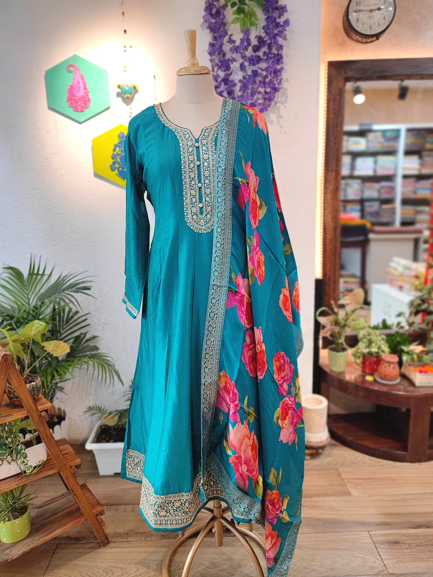 Elegant Teal Crepe Silk Anarkali Suit with Floral Dupatta & Intricate Embroidery