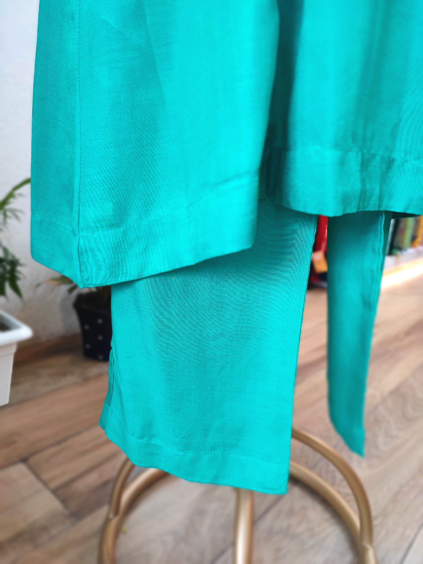 Turquoise Green Modal Linen Kurta Set with Yellow Piping