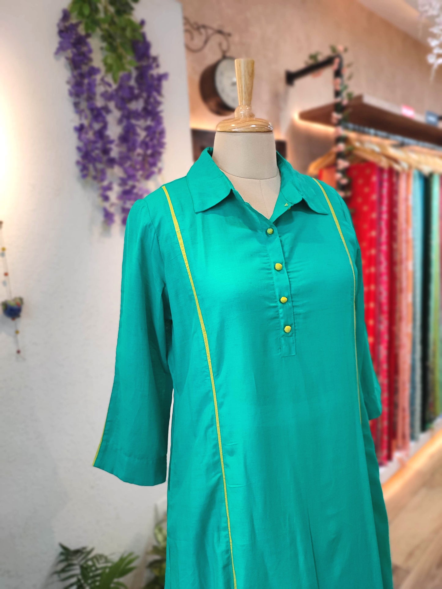 Turquoise Green Modal Linen Kurta Set with Yellow Piping