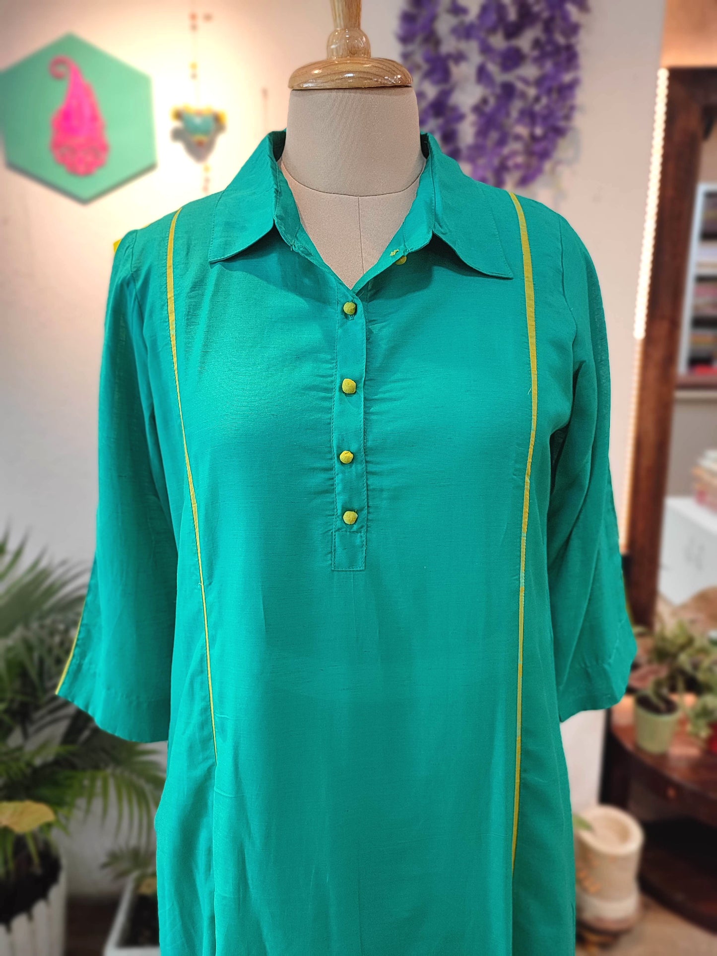 Turquoise Green Modal Linen Kurta Set with Yellow Piping
