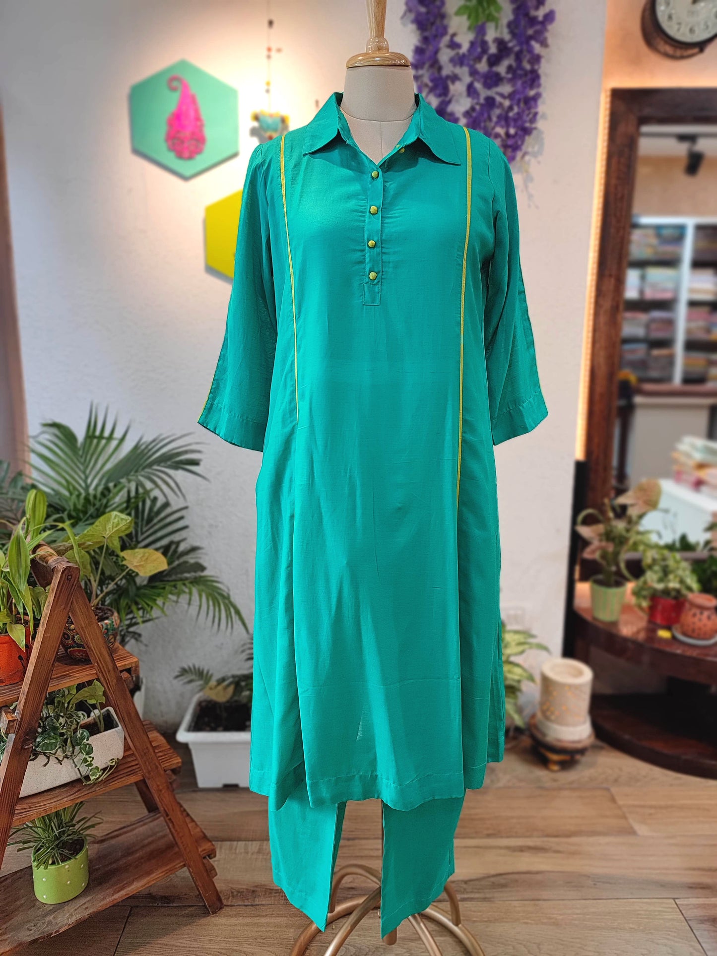 Turquoise Green Modal Linen Kurta Set with Yellow Piping