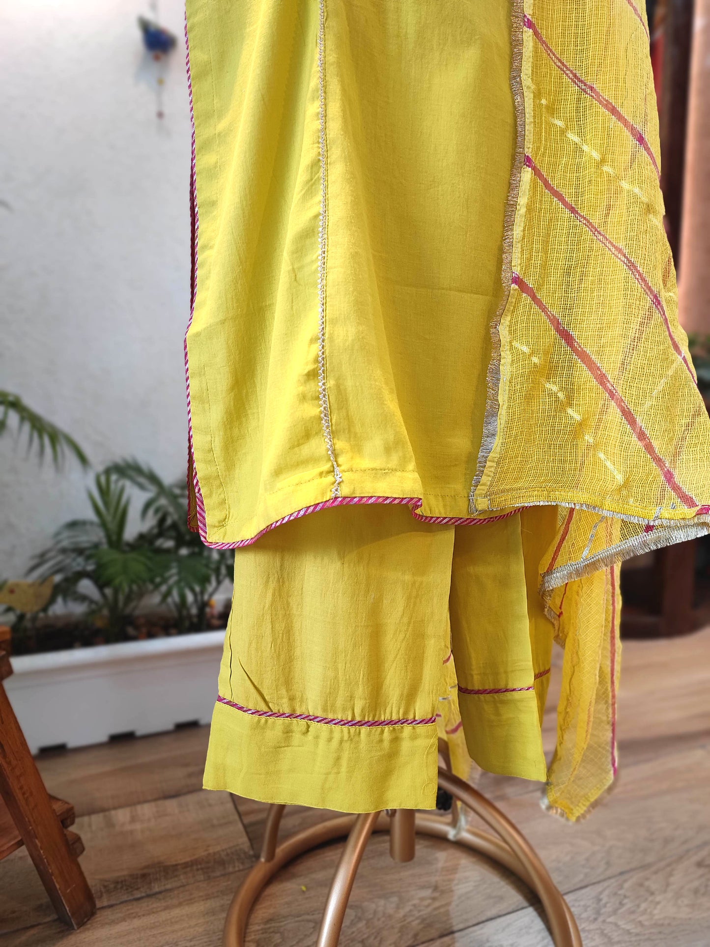 Sunshine Yellow Cotton Suit Set with cotton pant and Striped kota Dupatta