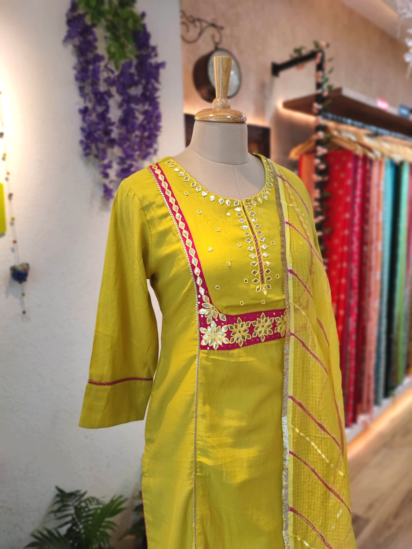 Sunshine Yellow Cotton Suit Set with cotton pant and Striped kota Dupatta