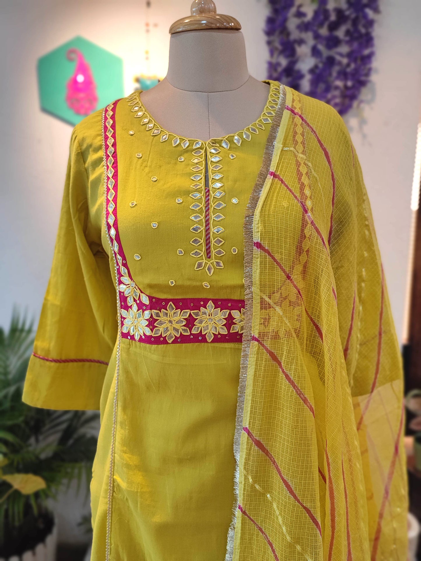 Sunshine Yellow Cotton Suit Set with cotton pant and Striped kota Dupatta
