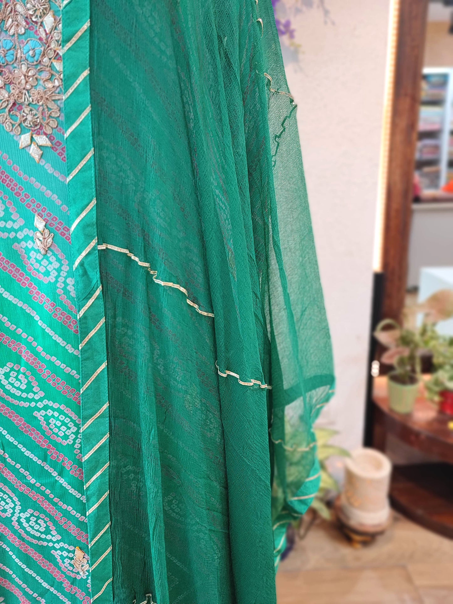 Green Bandhej Print Georgette Kurta Sharara Set with Embellished Dupatta