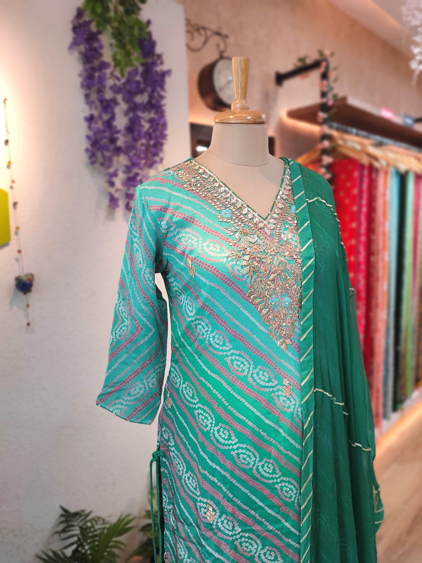 Green Bandhej Print Georgette Kurta Sharara Set with Embellished Dupatta
