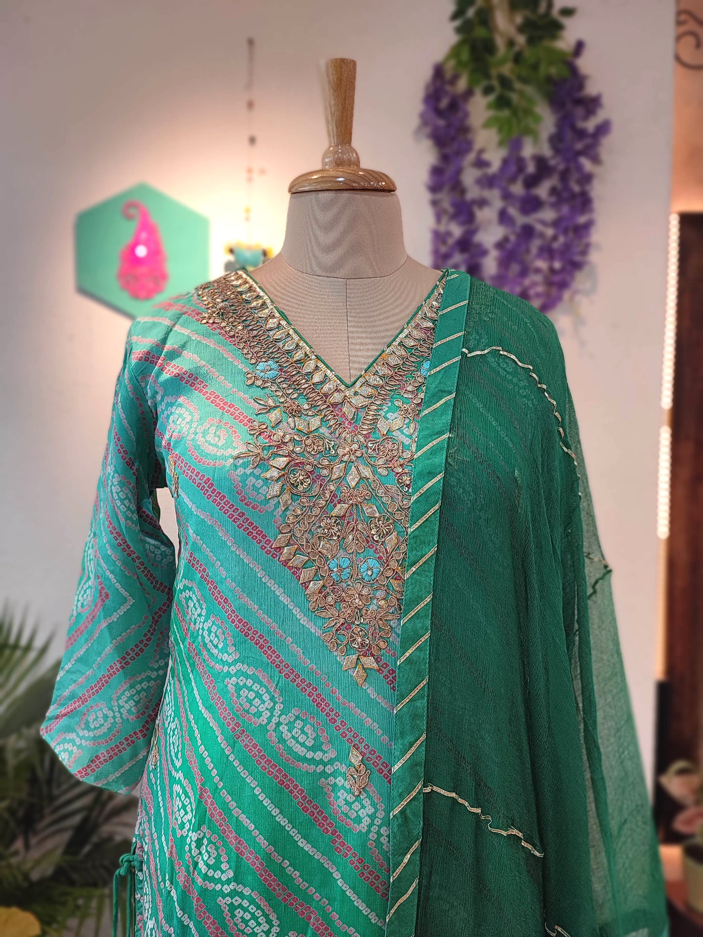 Green Bandhej Print Georgette Kurta Sharara Set with Embellished Dupatta