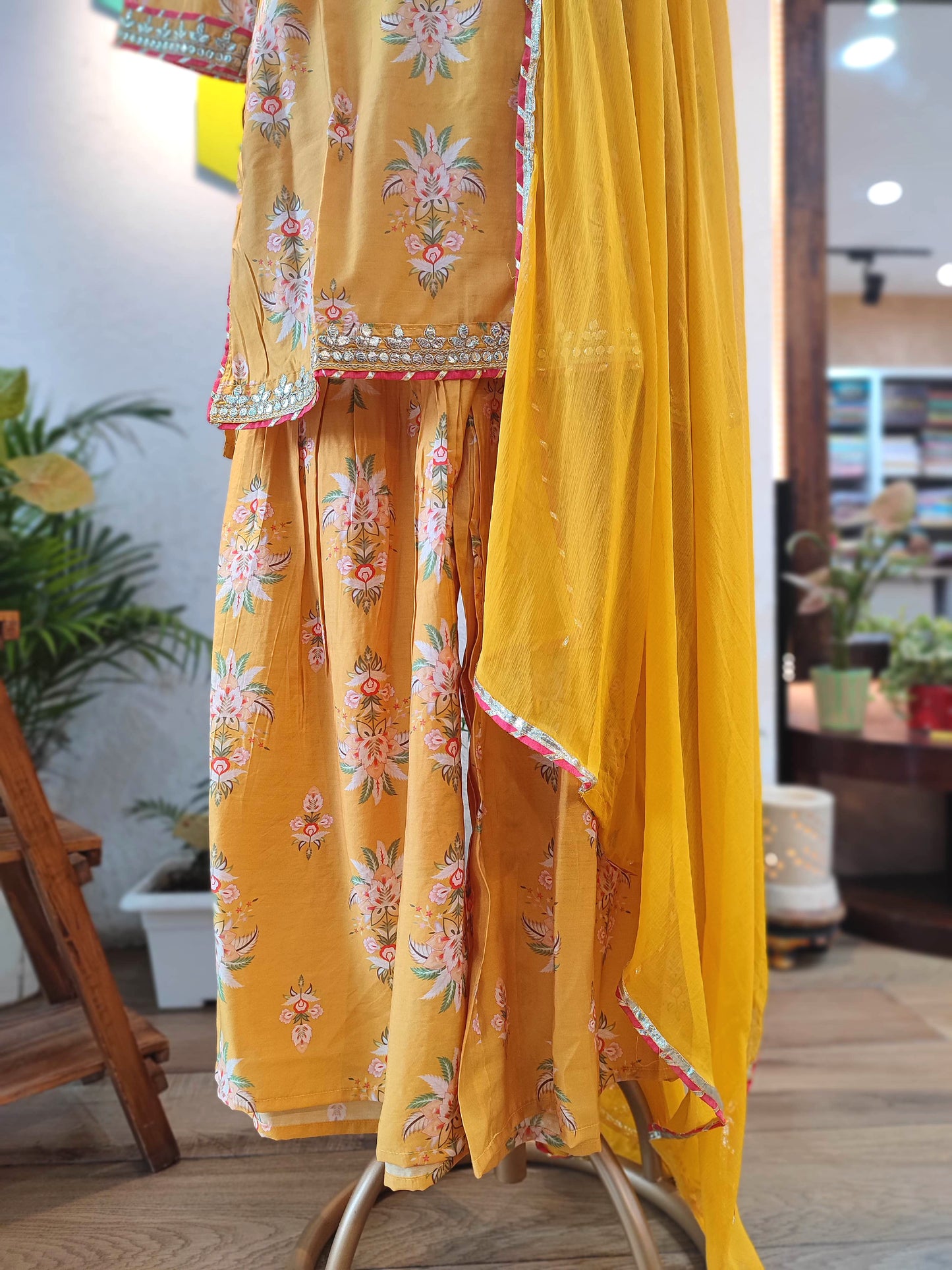 Mustard Yellow Muslin Silk Kurta Sharara Set with Gota Patti Dupatta