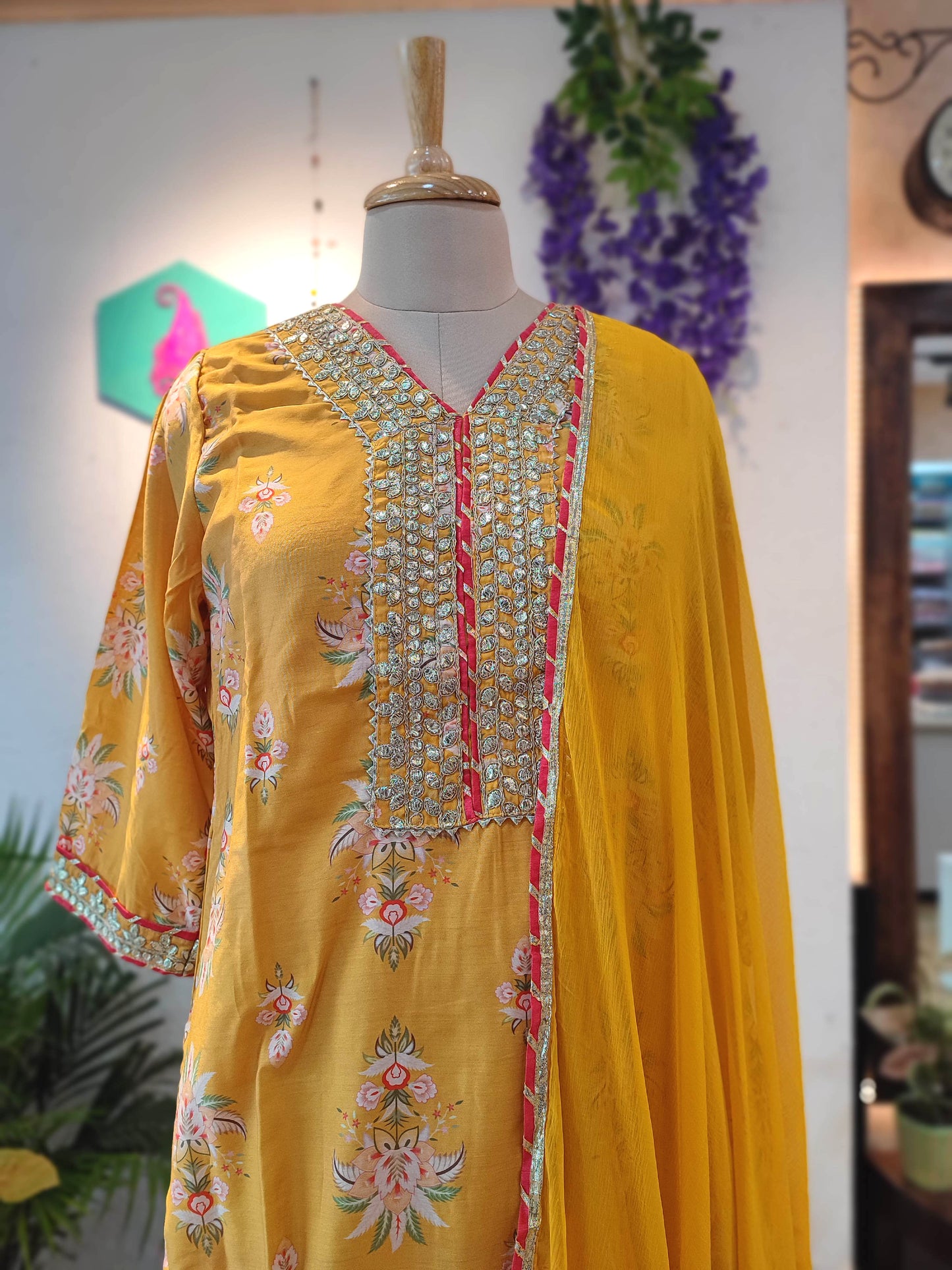 Mustard Yellow Muslin Silk Kurta Sharara Set with Gota Patti Dupatta