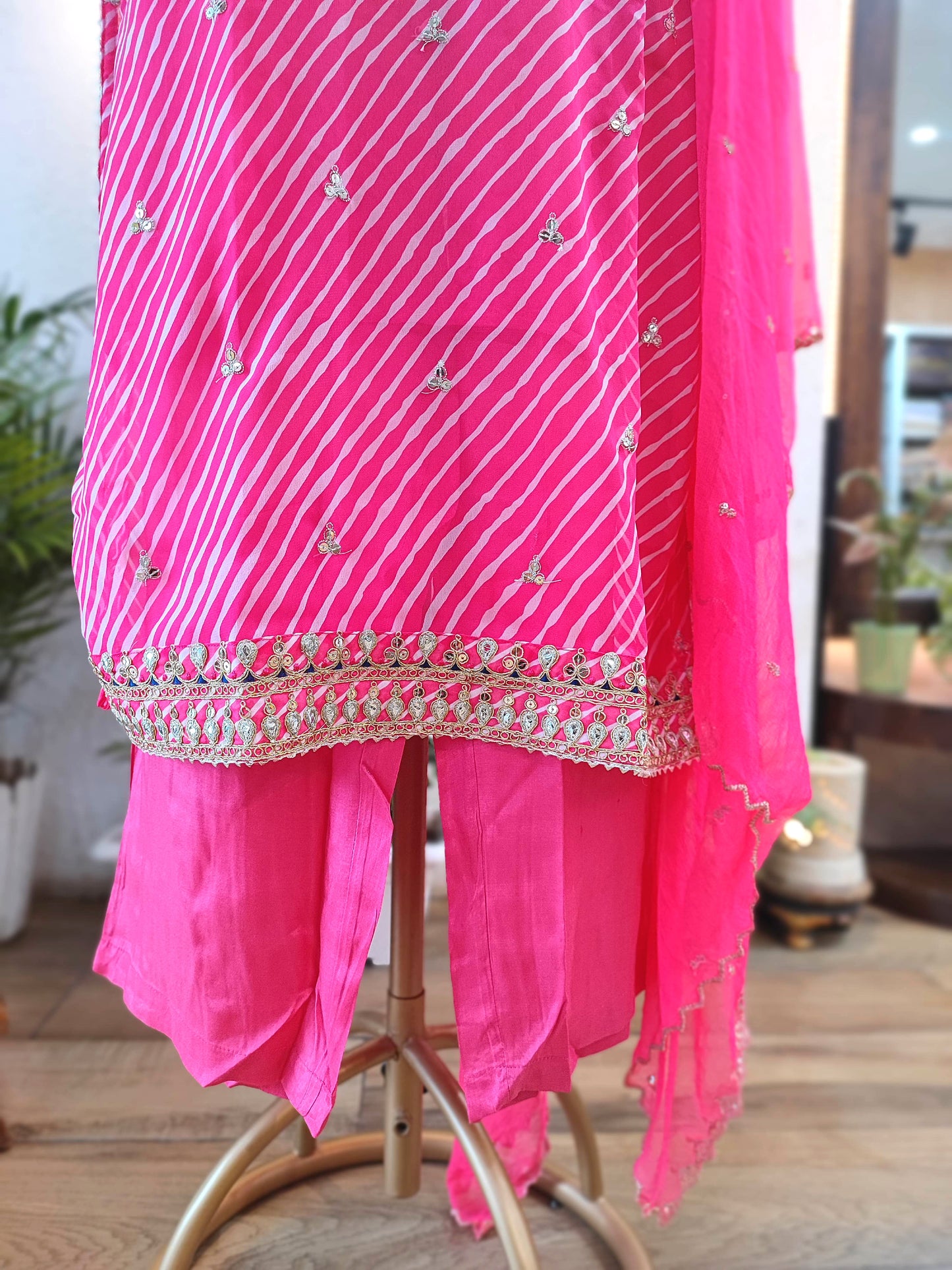 Hot Pink Georgette Gota Patti Suit Set with Dupatta & Pants