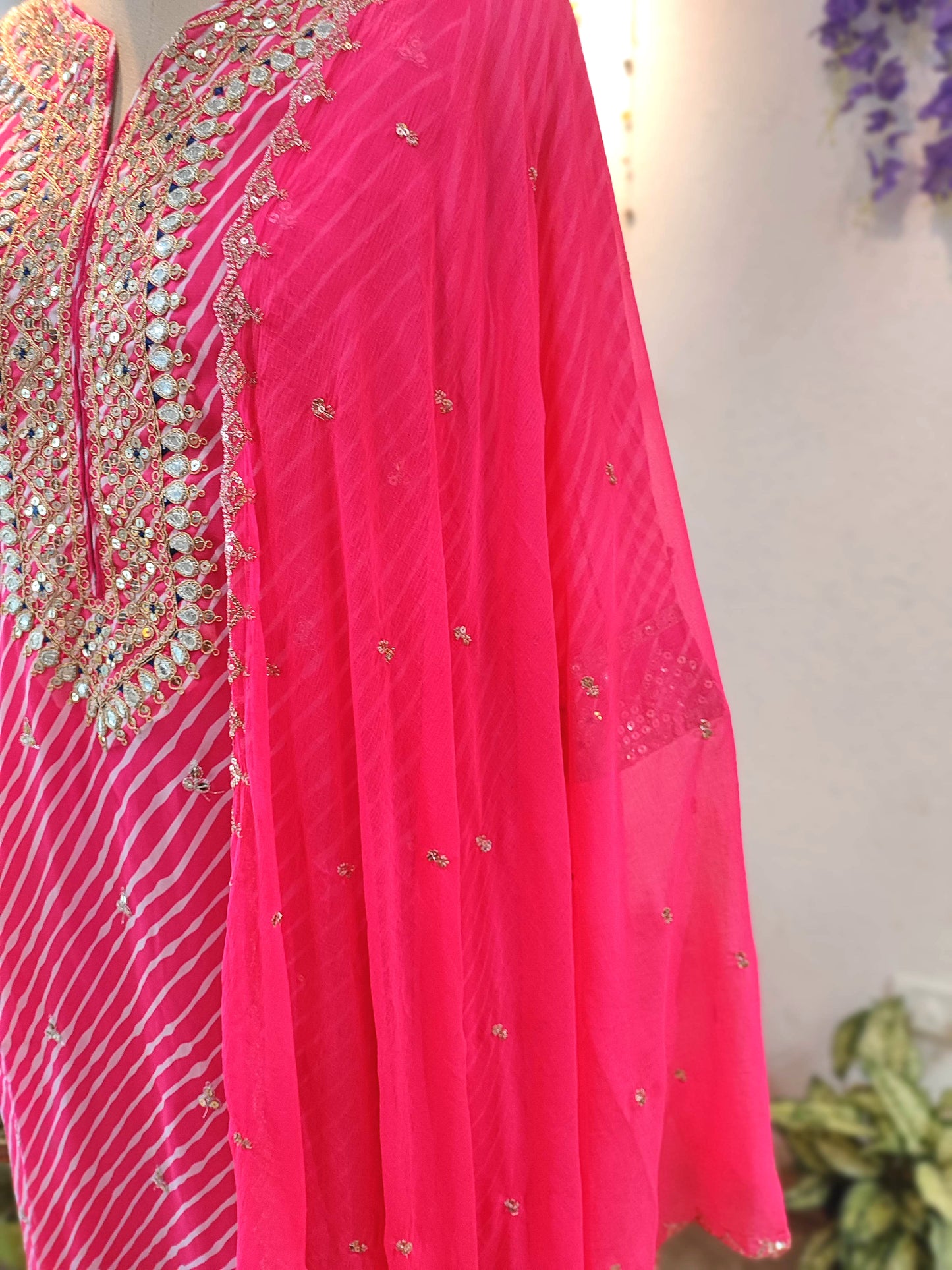 Hot Pink Georgette Gota Patti Suit Set with Dupatta & Pants