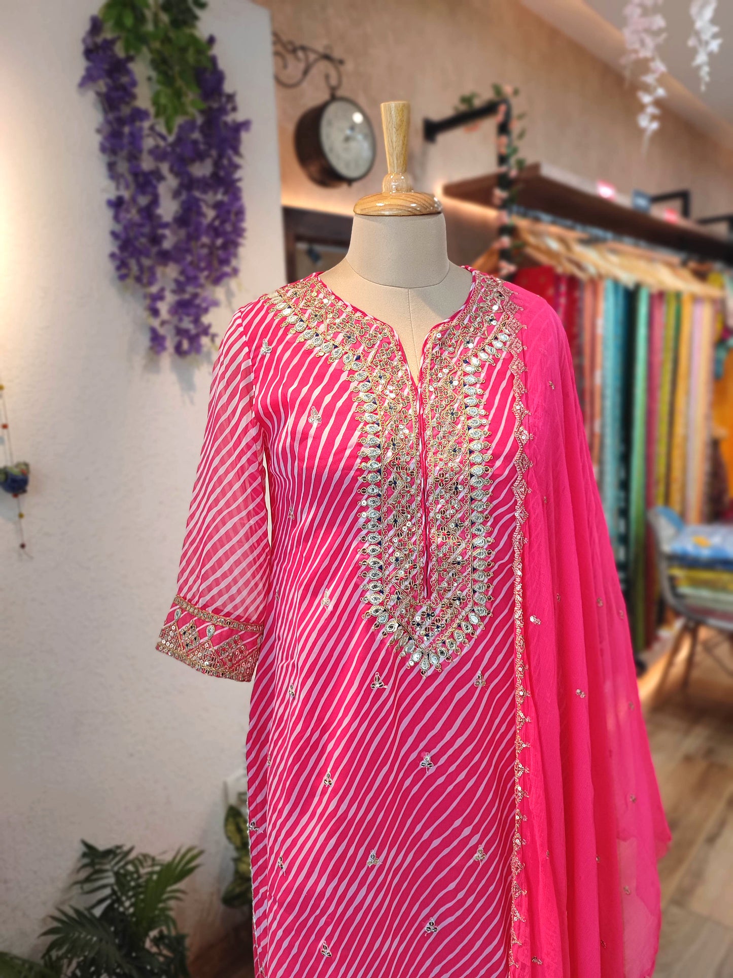 Hot Pink Georgette Gota Patti Suit Set with Dupatta & Pants
