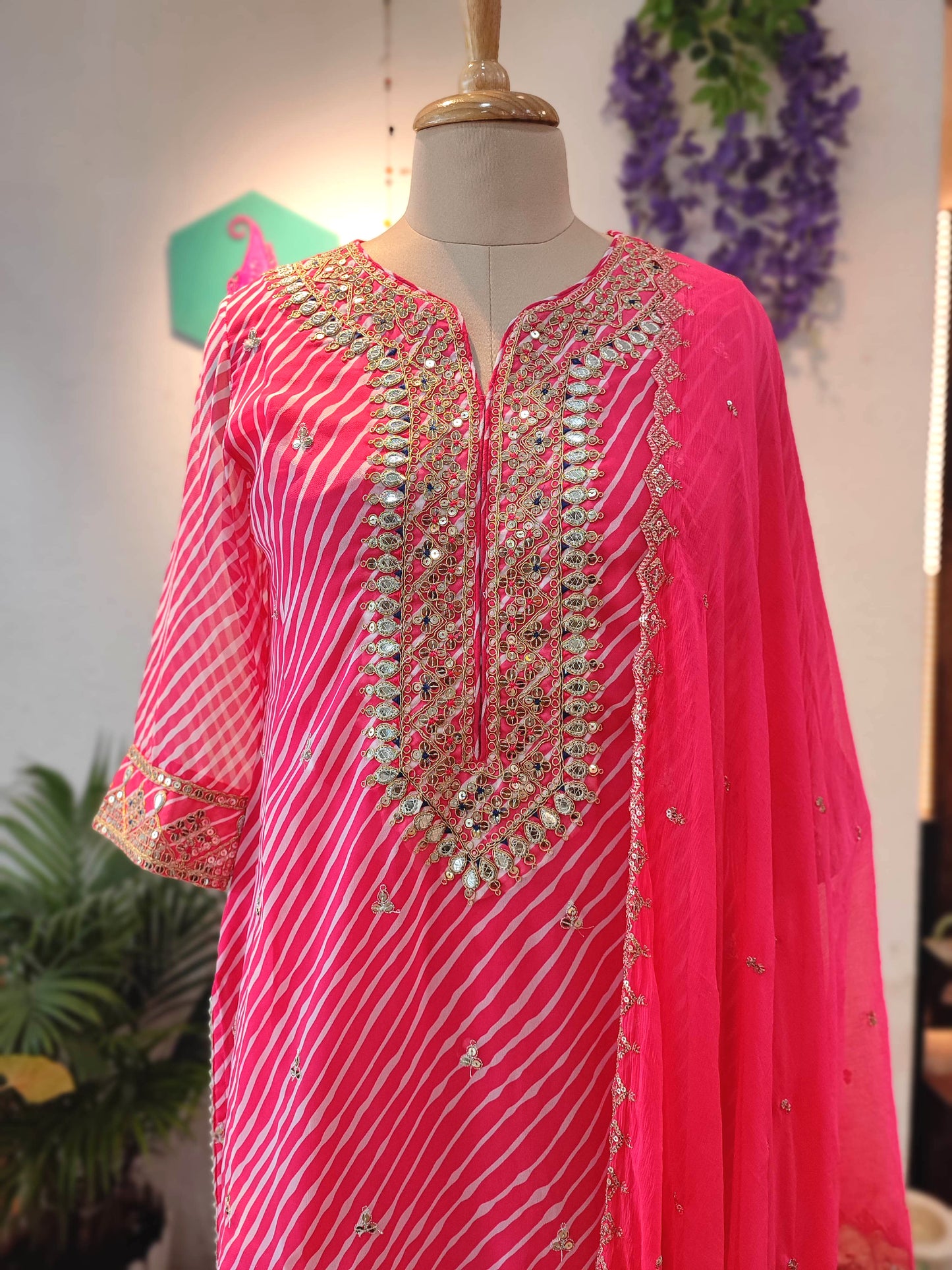 Hot Pink Georgette Gota Patti Suit Set with Dupatta & Pants