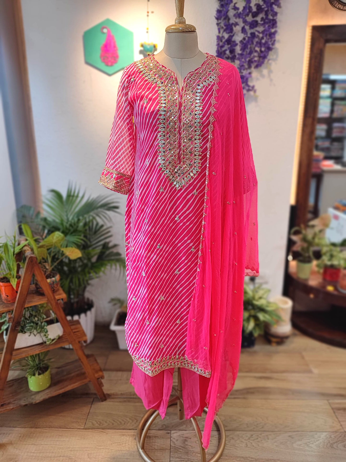Hot Pink Georgette Gota Patti Suit Set with Dupatta & Pants