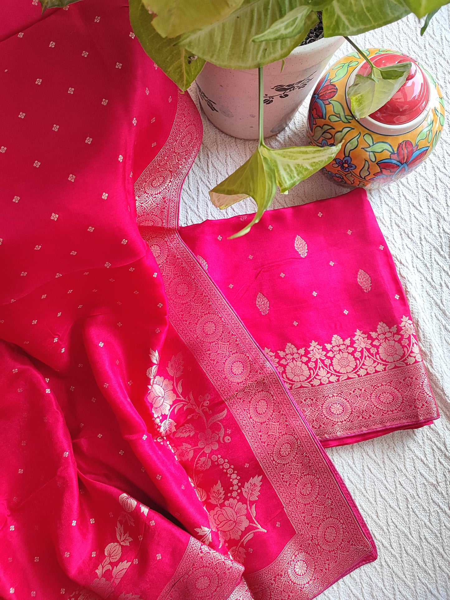 Hot Pink Banarasi Silk Suit with Floral Zari Work | Festive & Wedding Wear
