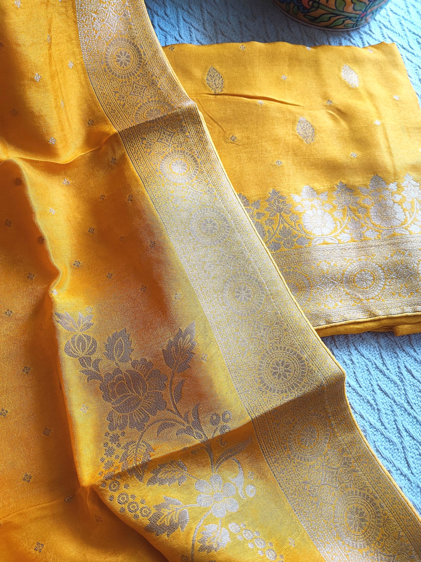 Yellow Banarasi Silk Suit with Gold Zari Work | Haldi & Festive Wear