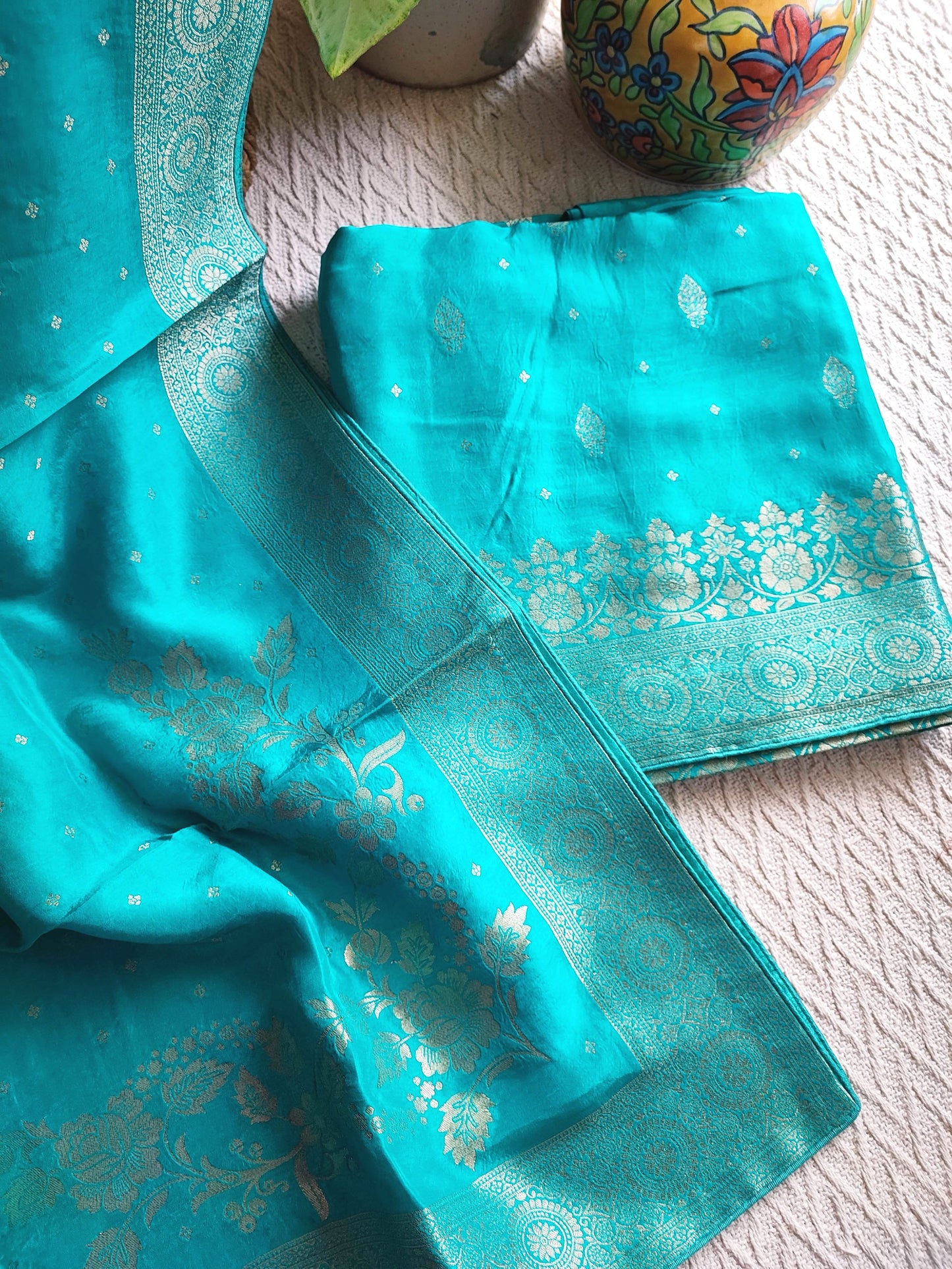Sea Green Banarasi Silk Suit with Golden Zari Floral Weaving