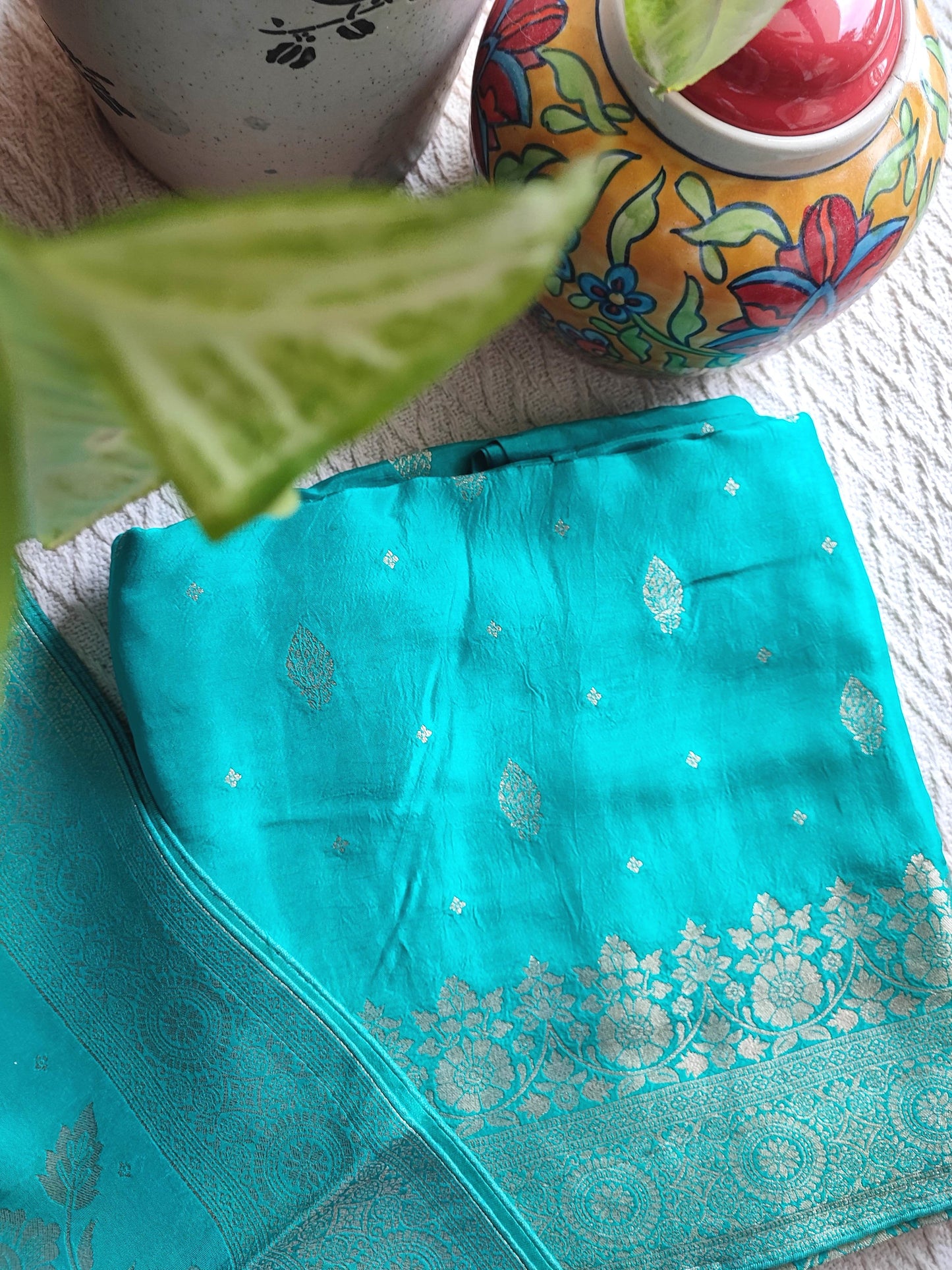 Sea Green Banarasi Silk Suit with Golden Zari Floral Weaving