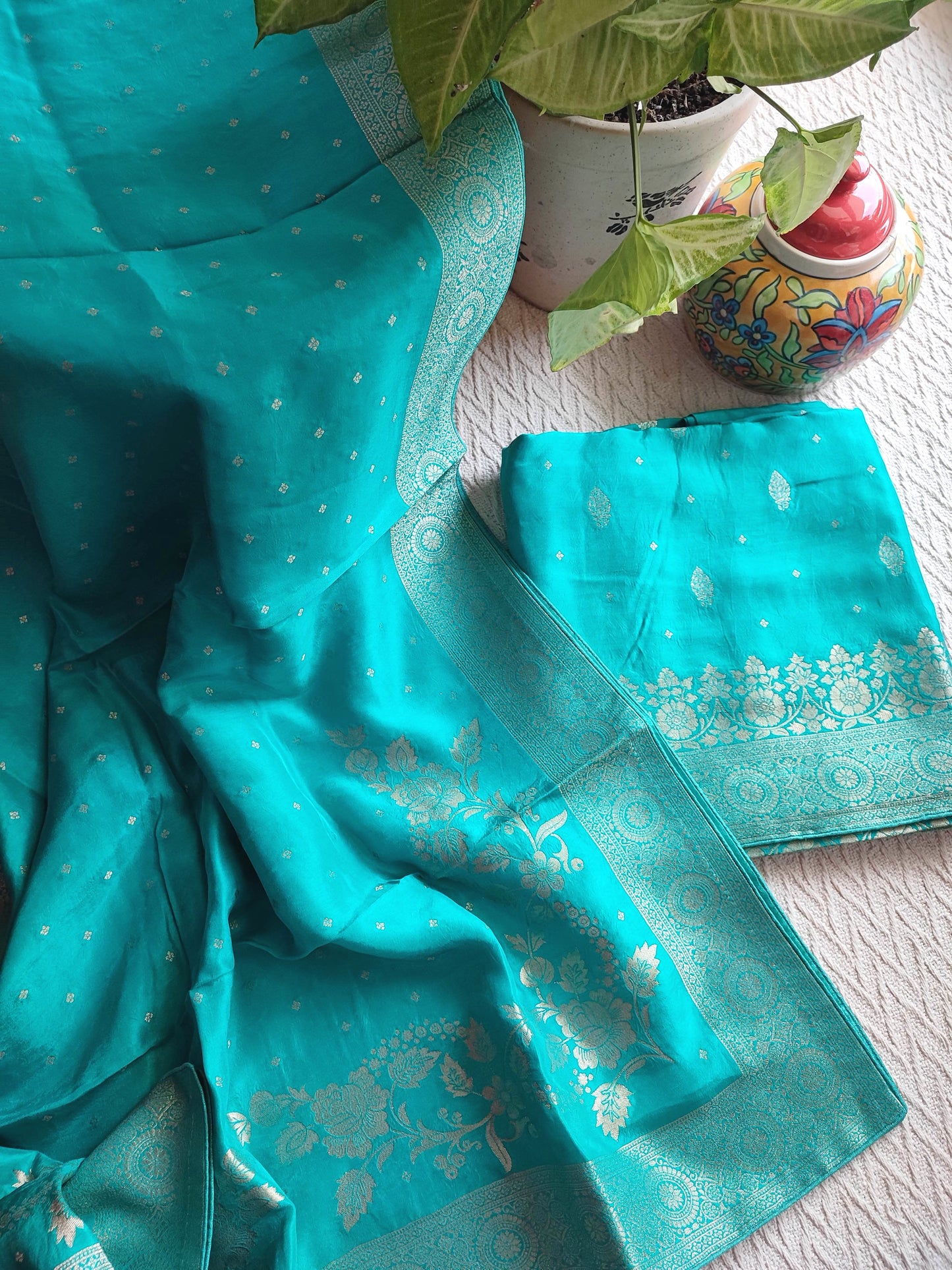 Sea Green Banarasi Silk Suit with Golden Zari Floral Weaving
