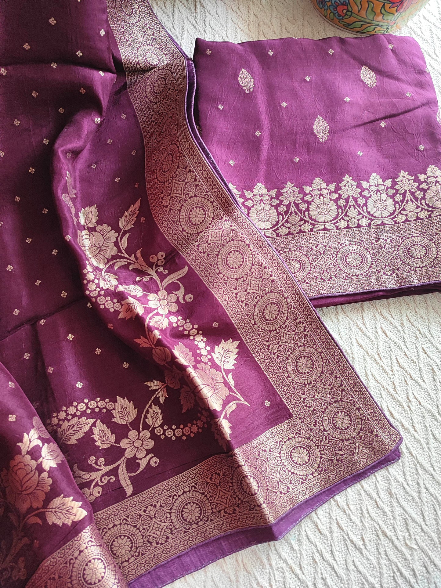 Wine Banarasi Crepe Silk Suit with Golden Zari Work