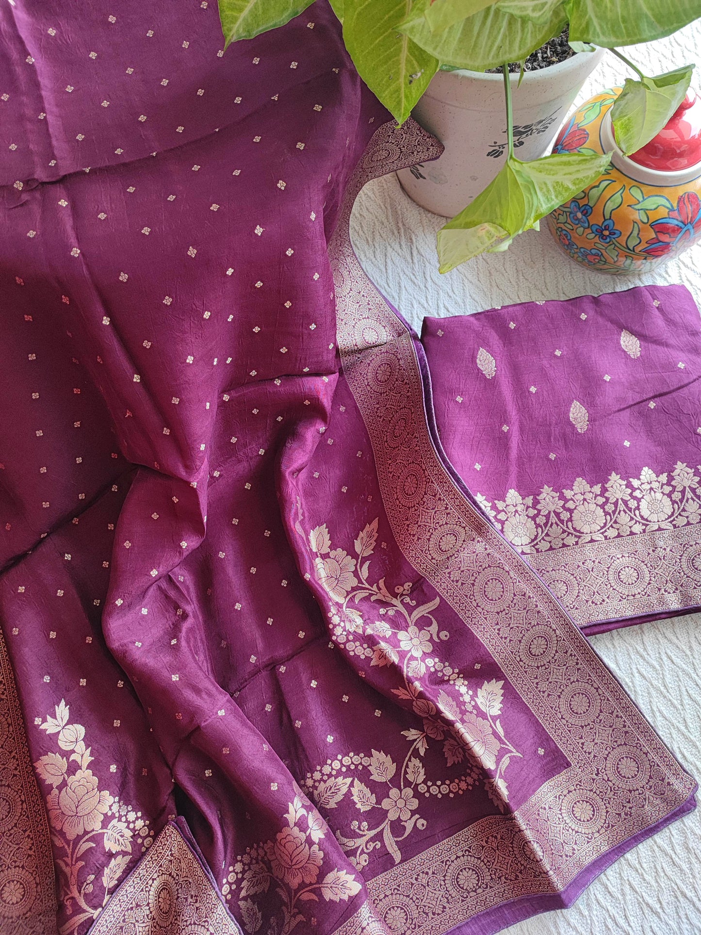 Wine Banarasi Crepe Silk Suit with Golden Zari Work