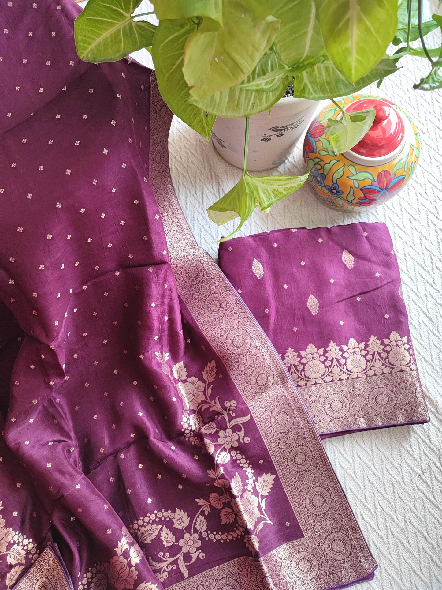Wine Banarasi Crepe Silk Suit with Golden Zari Work