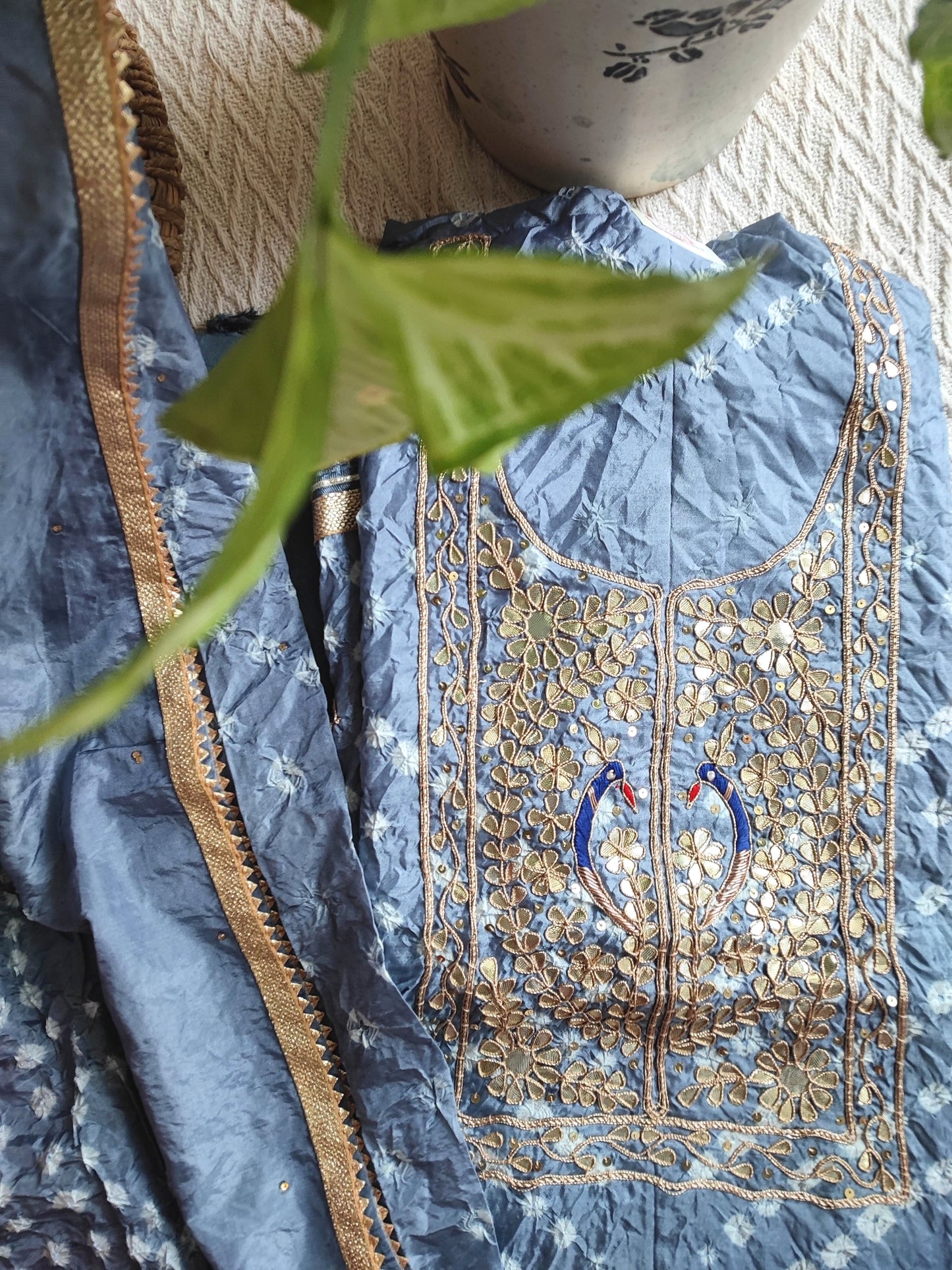 Grey Blue Chinon Silk Bandhej Suit with Gotta Work