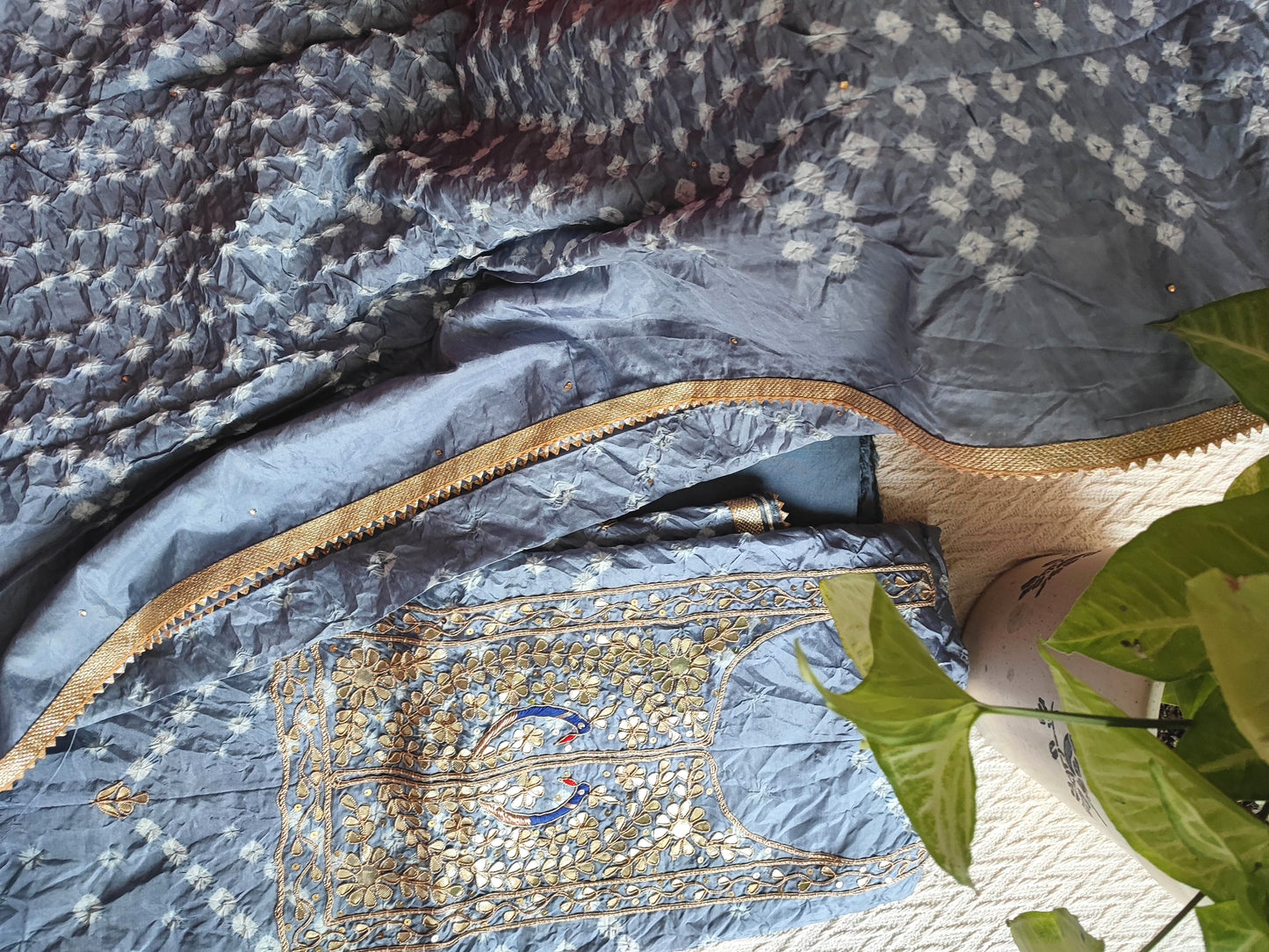 Grey Blue Chinon Silk Bandhej Suit with Gotta Work