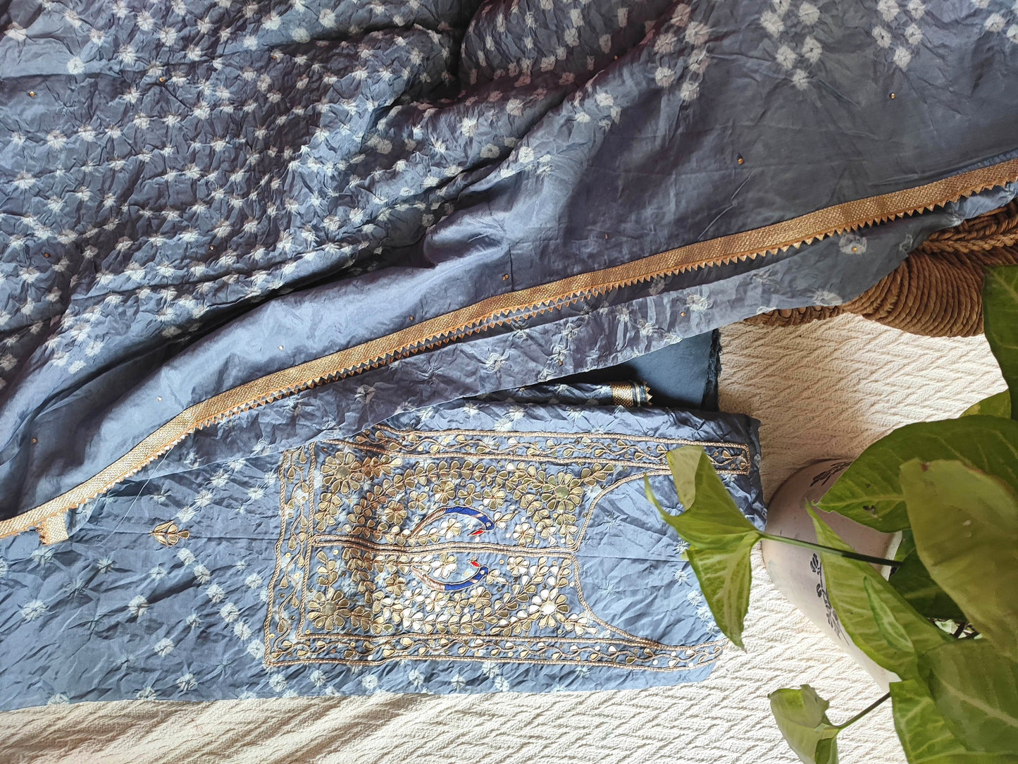 Grey Blue Chinon Silk Bandhej Suit with Gotta Work