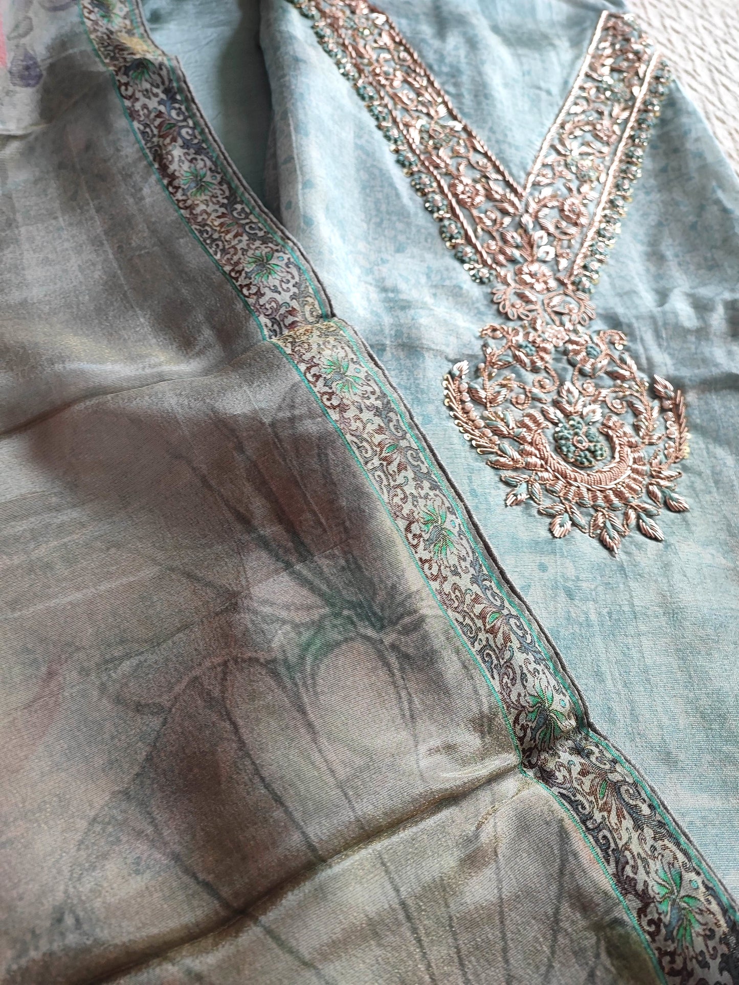 Pastel Blue Shimmer Georgette Suit with Elegant Embroidery & Digital Floral Dupatta