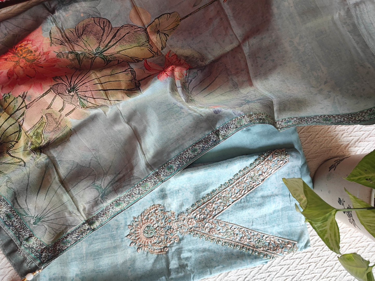 Pastel Blue Shimmer Georgette Suit with Elegant Embroidery & Digital Floral Dupatta