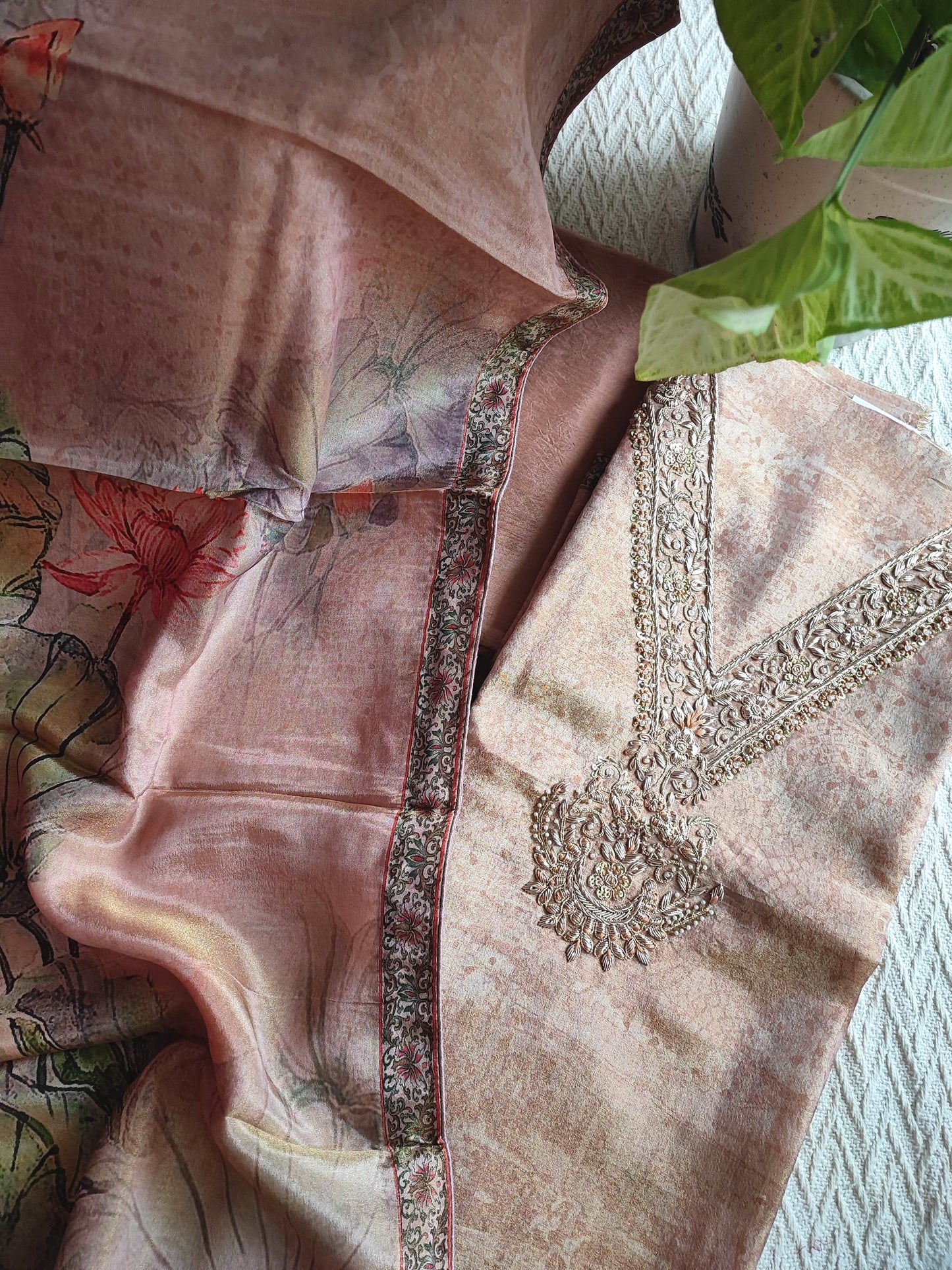 Shimmer Georgette Suit with Floral Print Dupatta & Embroidered Neckline