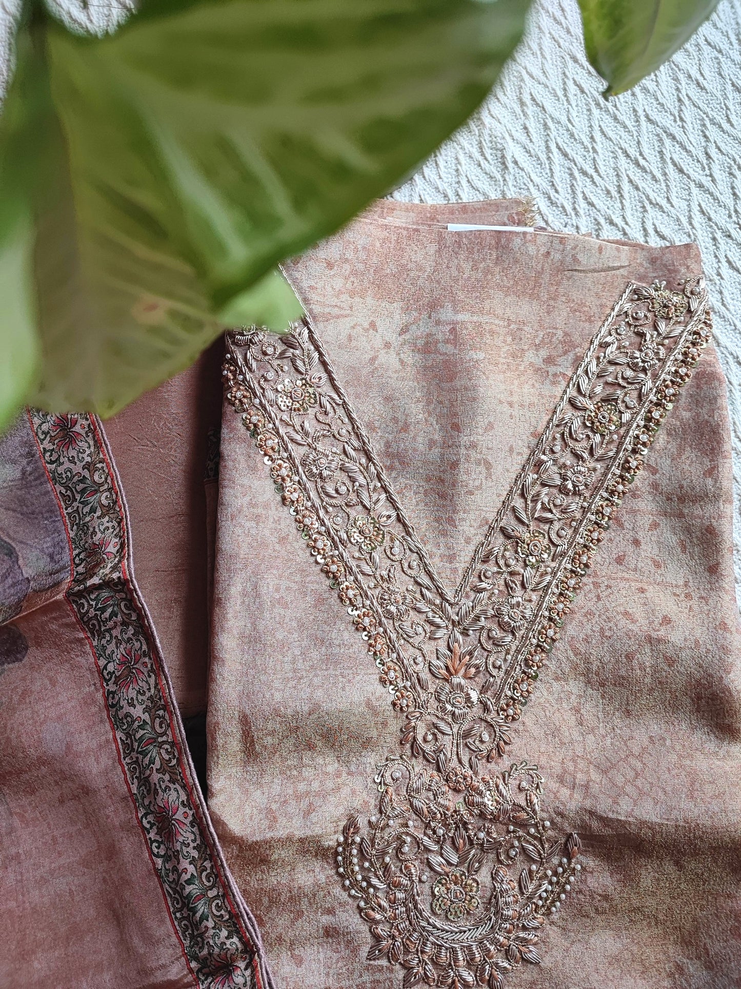 Shimmer Georgette Suit with Floral Print Dupatta & Embroidered Neckline