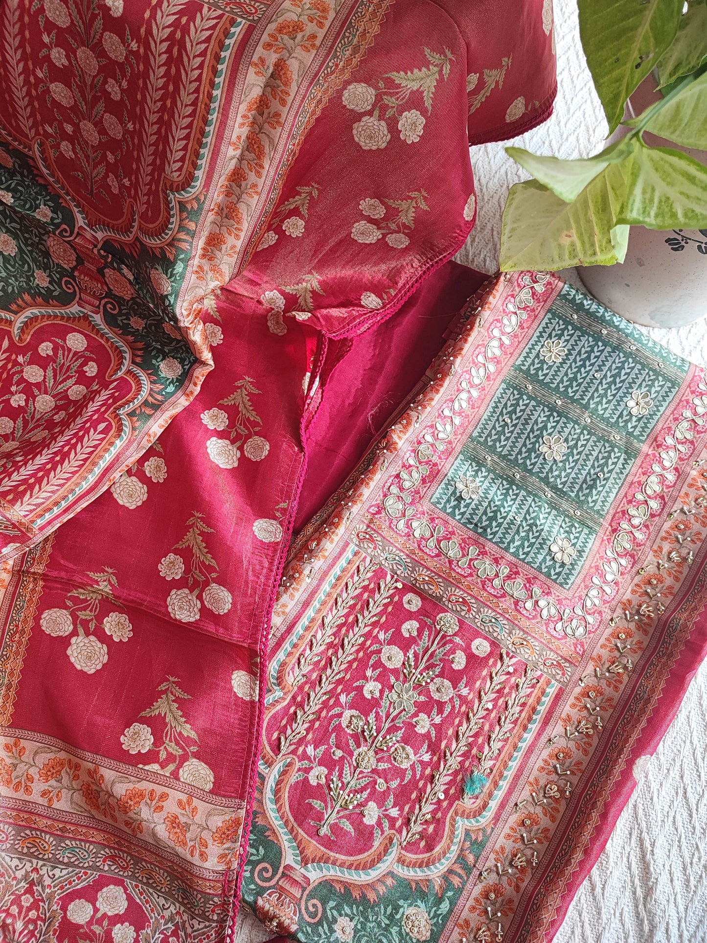 Rani Pink Shimmer Georgette Suit Material with Elegant Printed Dupatta