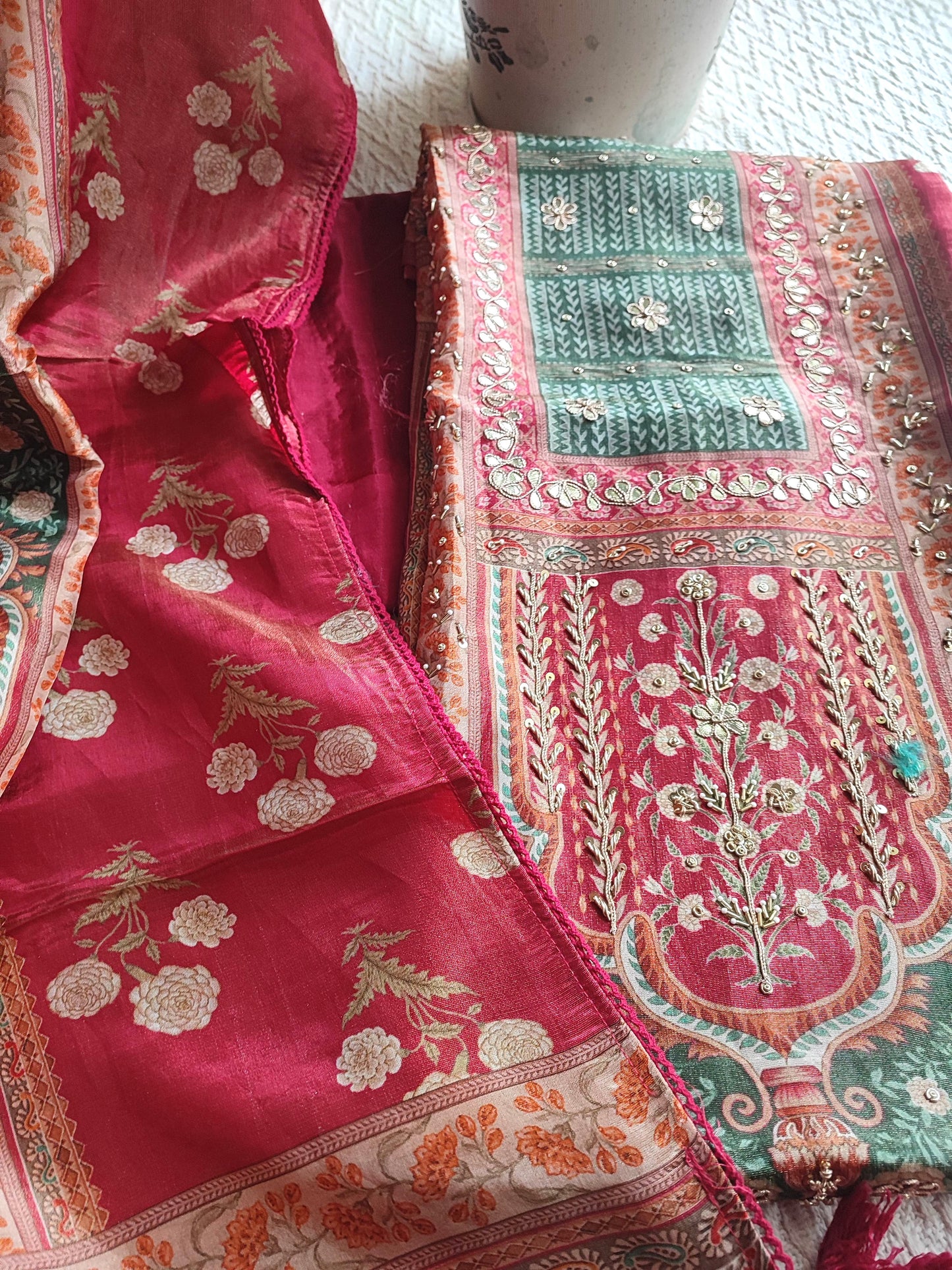 Rani Pink Shimmer Georgette Suit Material with Elegant Printed Dupatta