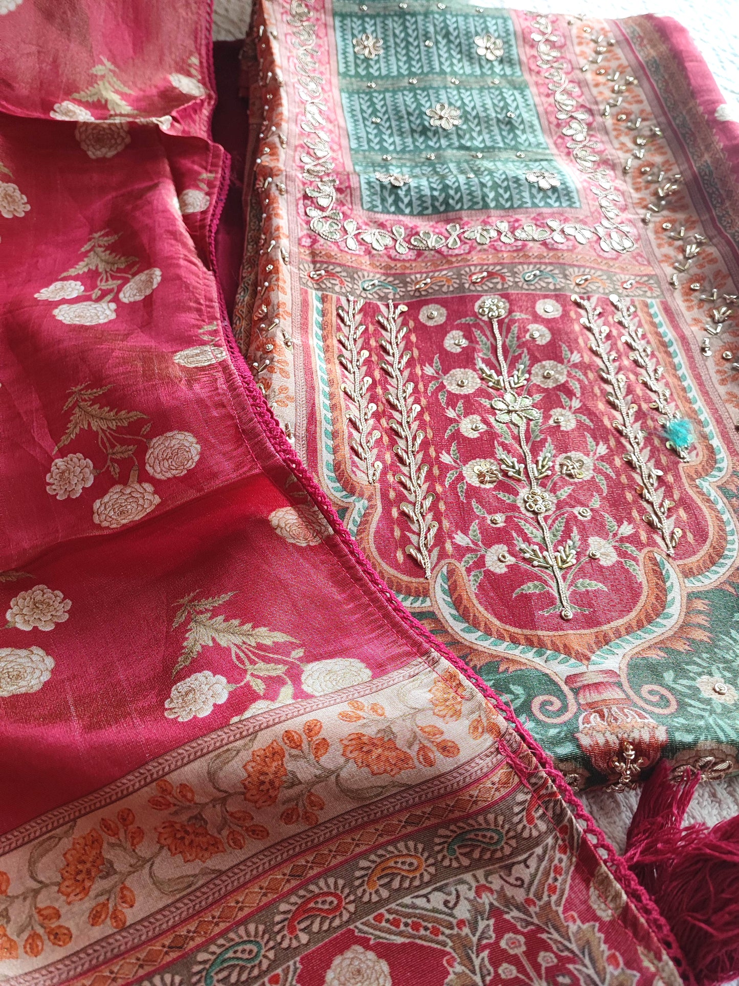 Rani Pink Shimmer Georgette Suit Material with Elegant Printed Dupatta
