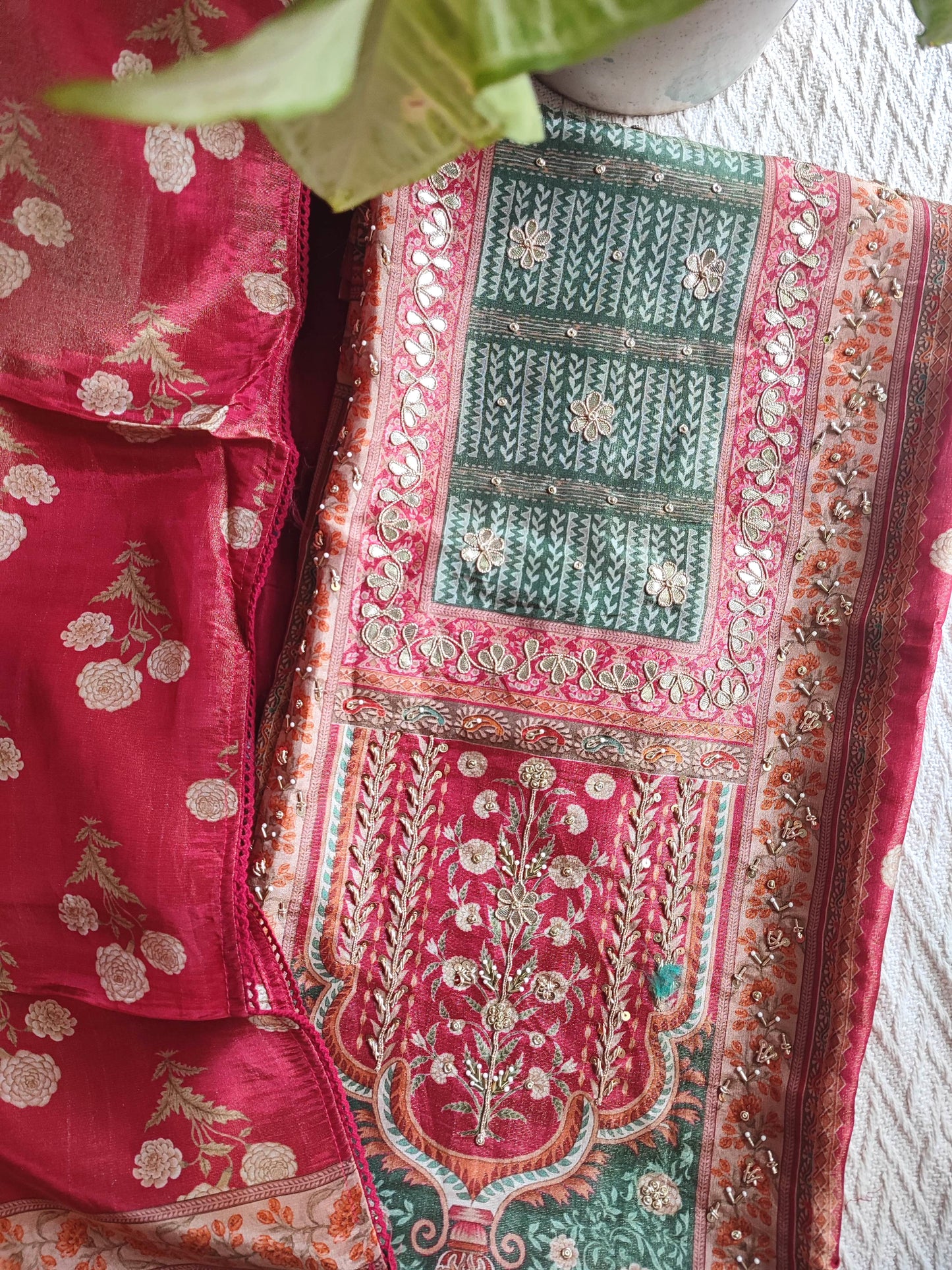 Rani Pink Shimmer Georgette Suit Material with Elegant Printed Dupatta