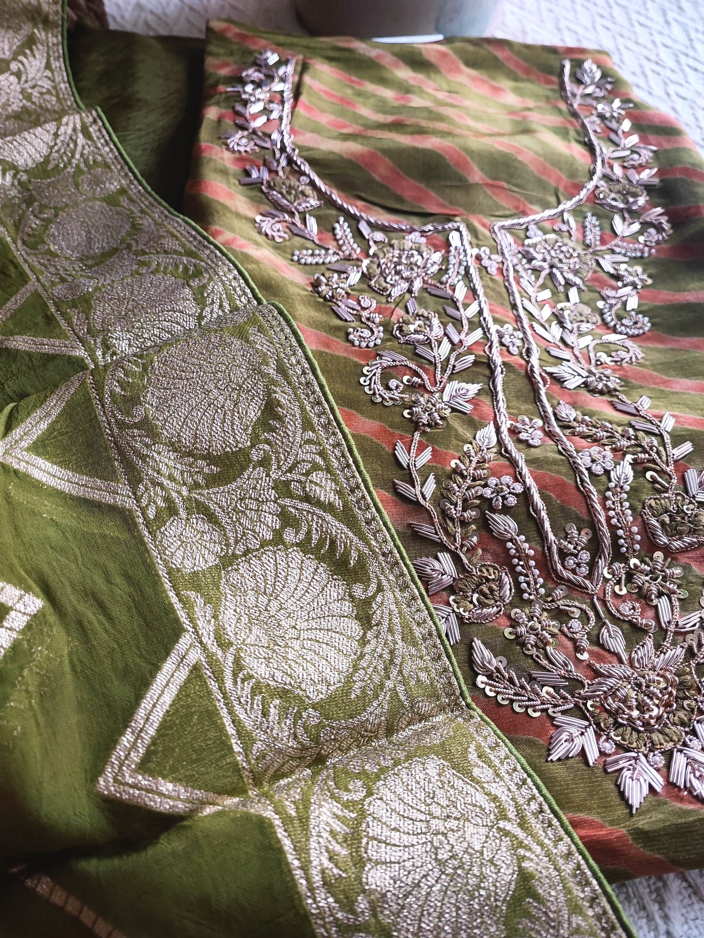 Olive Green Shimmer Georgette Suit Material with Intricate Handwork