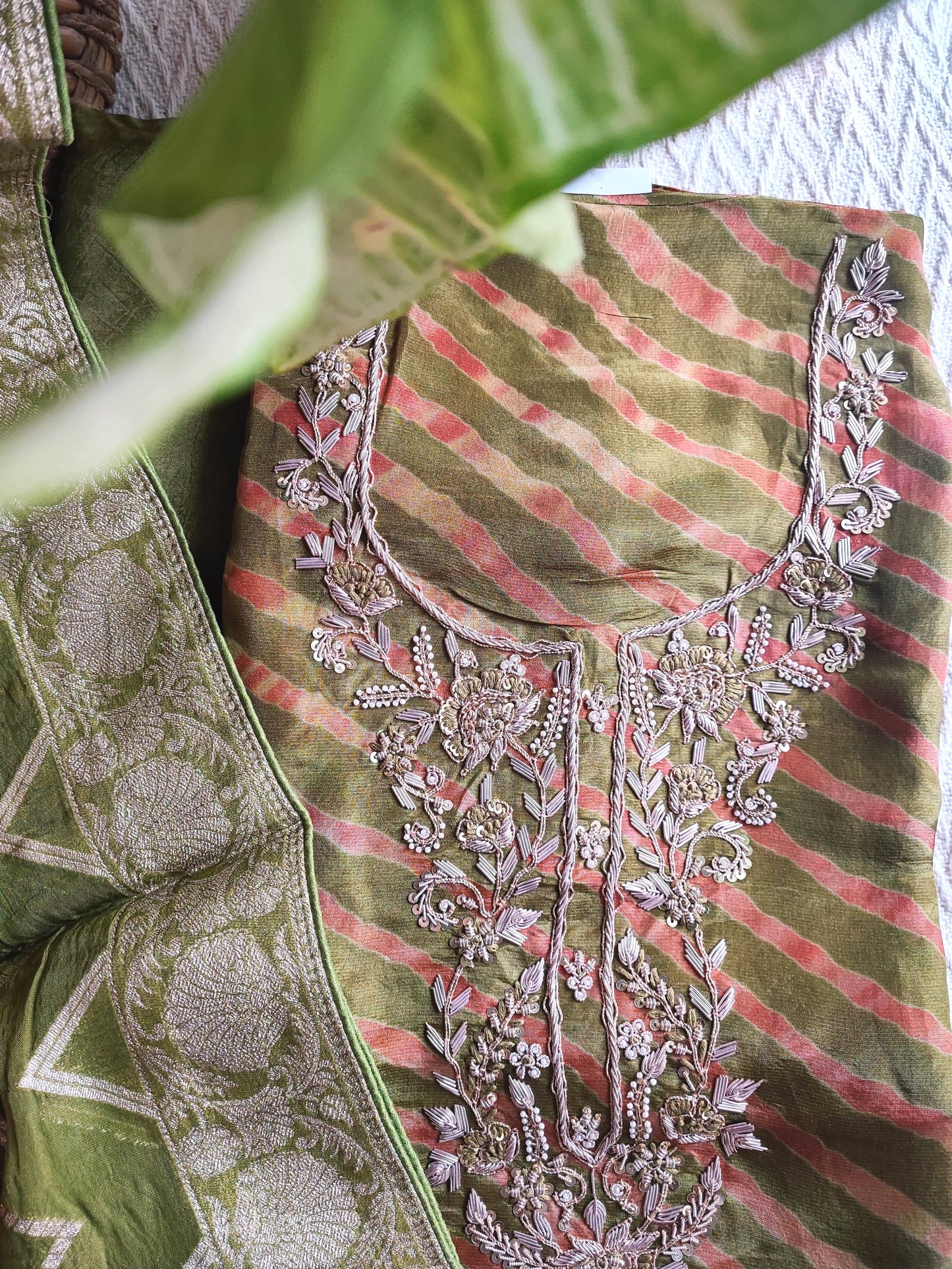 Olive Green Shimmer Georgette Suit Material with Intricate Handwork