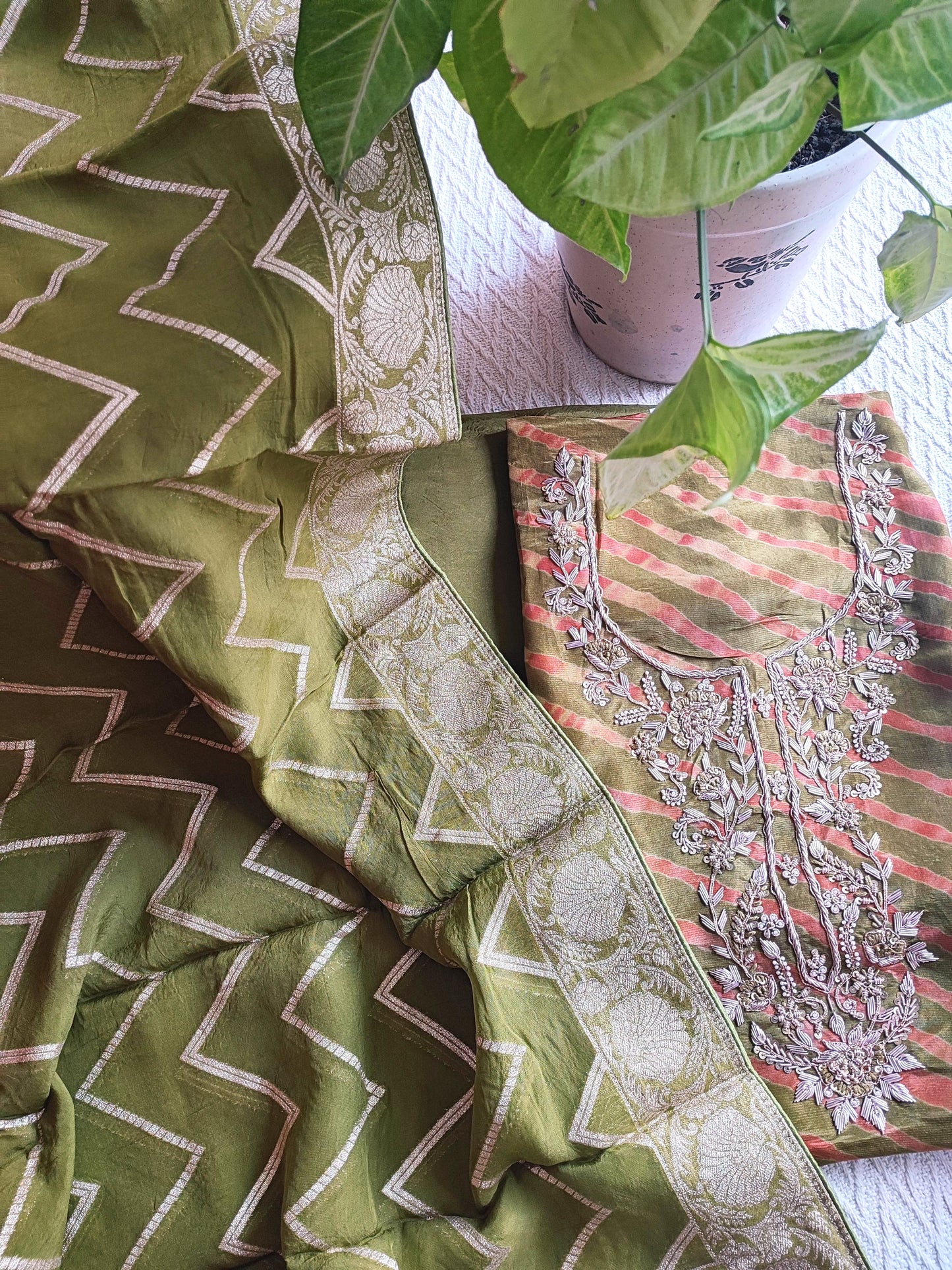 Olive Green Shimmer Georgette Suit Material with Intricate Handwork